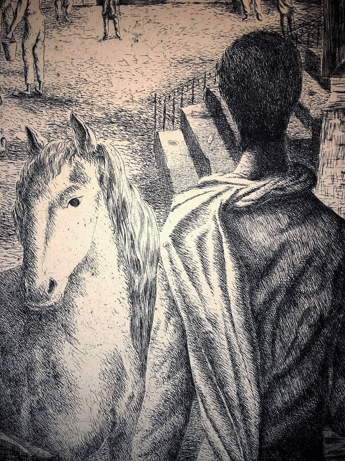 Art Deco Atmospheric Horse and Village Square Etching by A.R. Luna For Sale