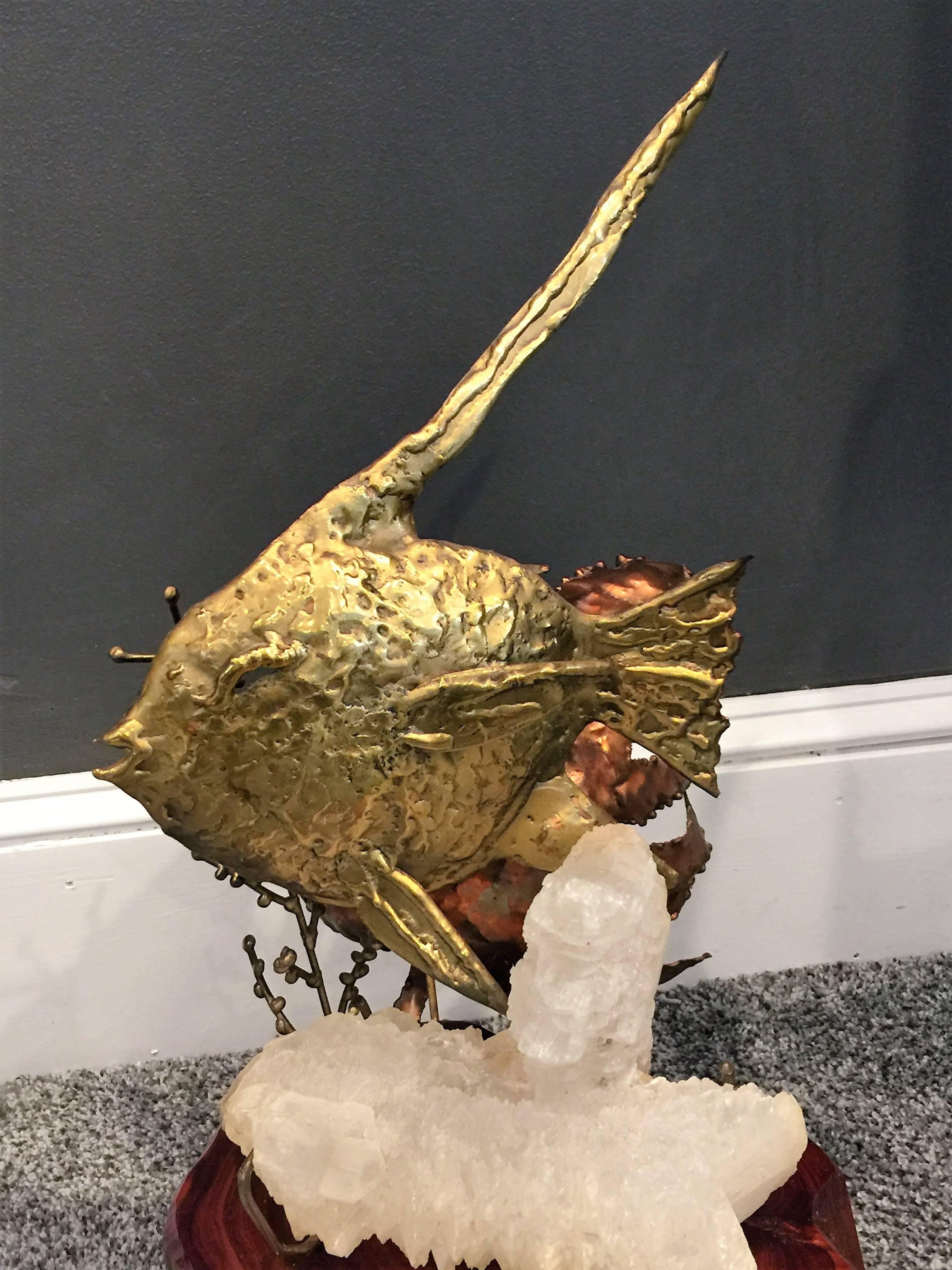 American Curtis Jere Beautiful Modernist Quatrz Crystal Mixed Metal Fish Sculpture For Sale