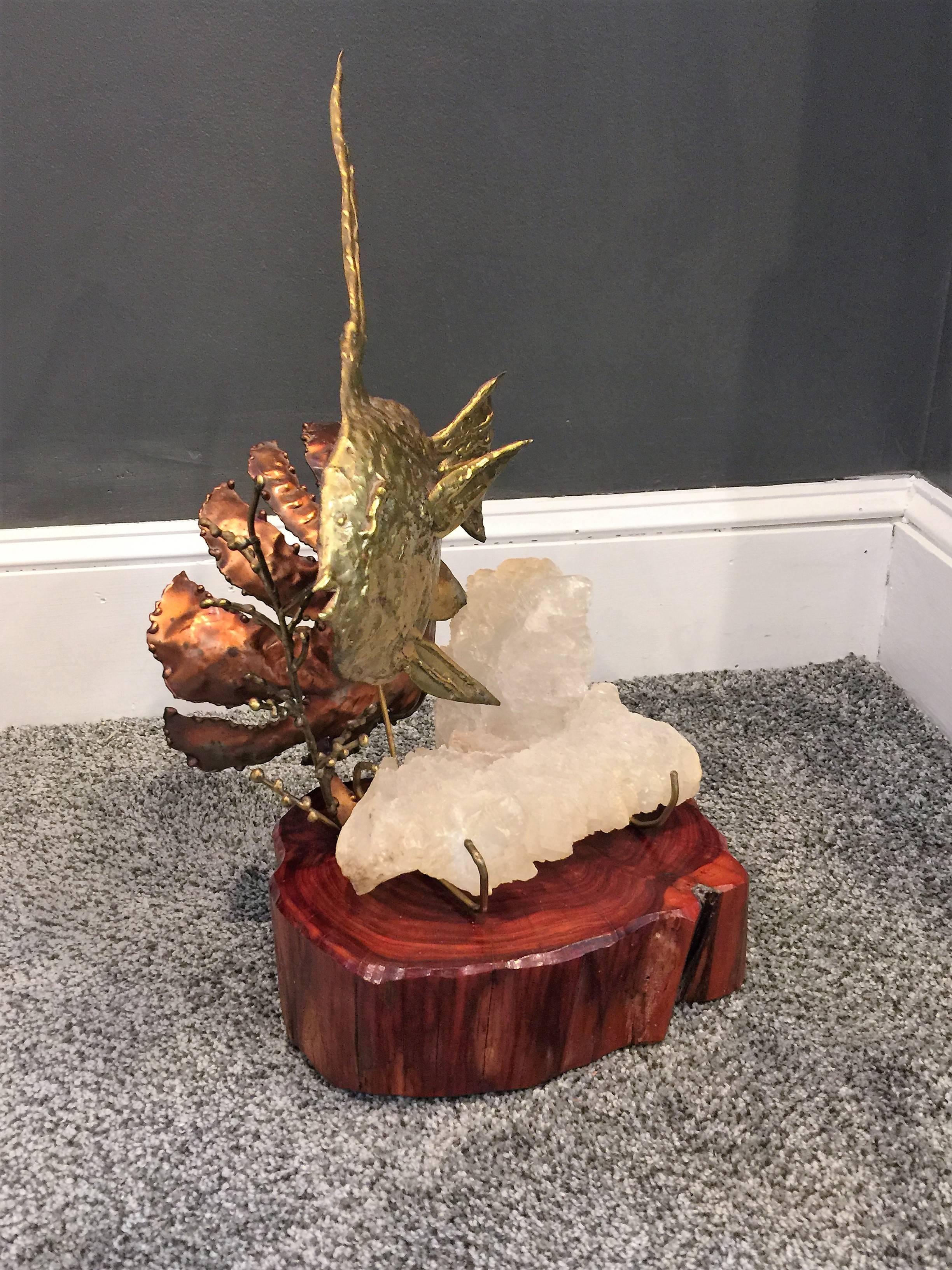 Curtis Jere Beautiful Modernist Quatrz Crystal Mixed Metal Fish Sculpture In Excellent Condition For Sale In Mount Penn, PA