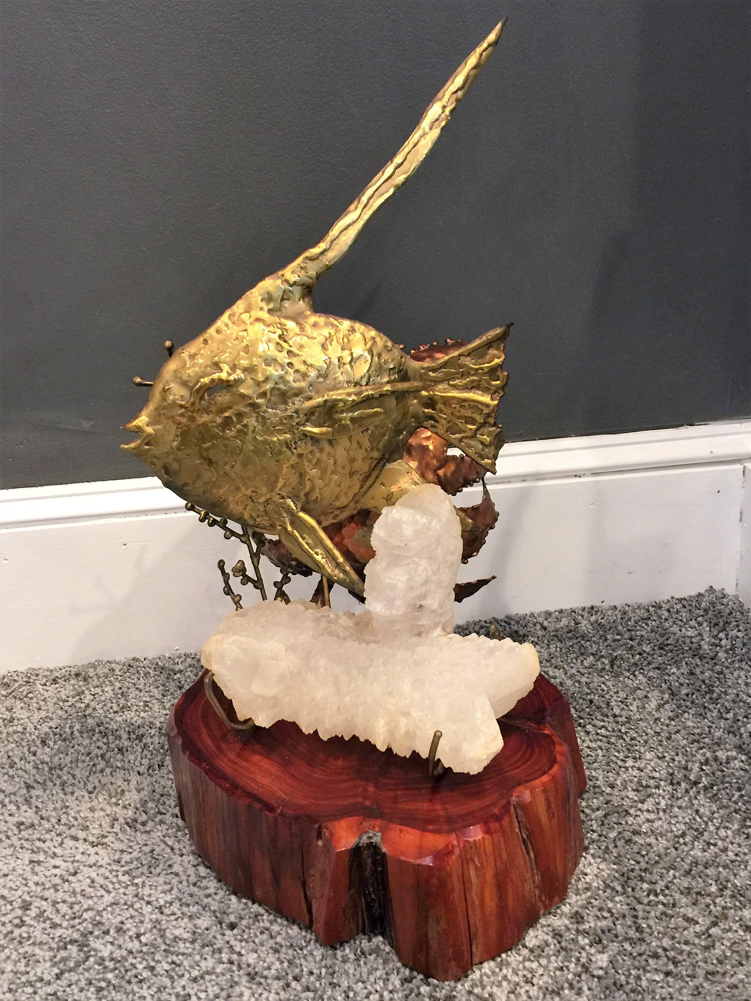 Curtis Jere Beautiful Modernist Quatrz Crystal Mixed Metal Fish Sculpture For Sale 5