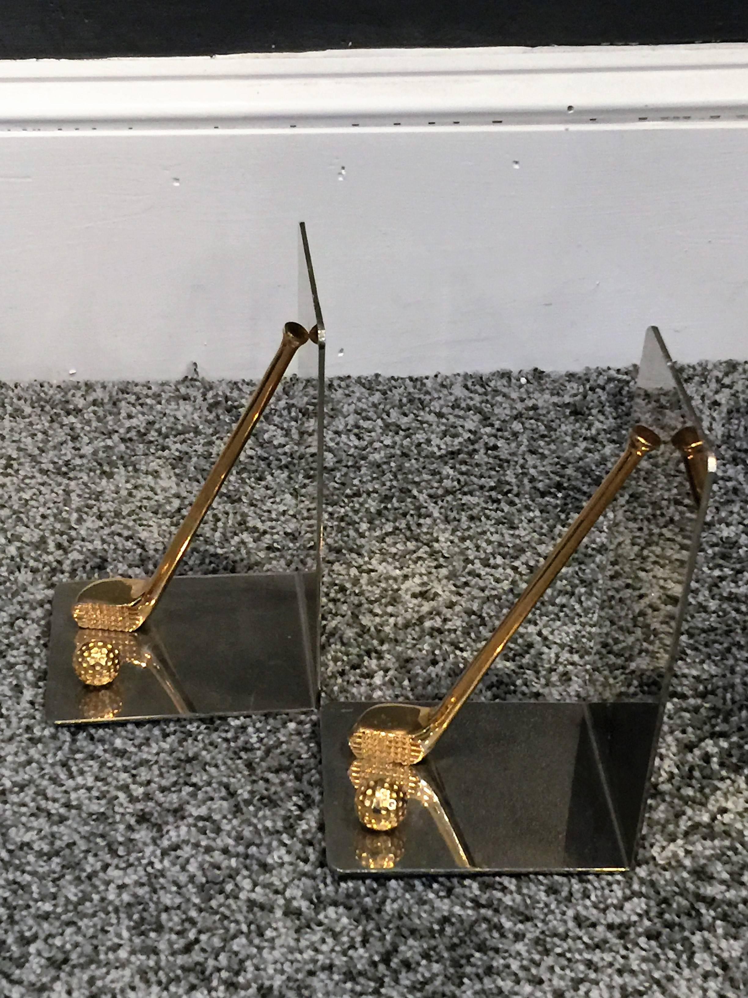 Italian Gucci Style Modernist Pair of Nickel and Brass Golf Club and Ball Bookends For Sale