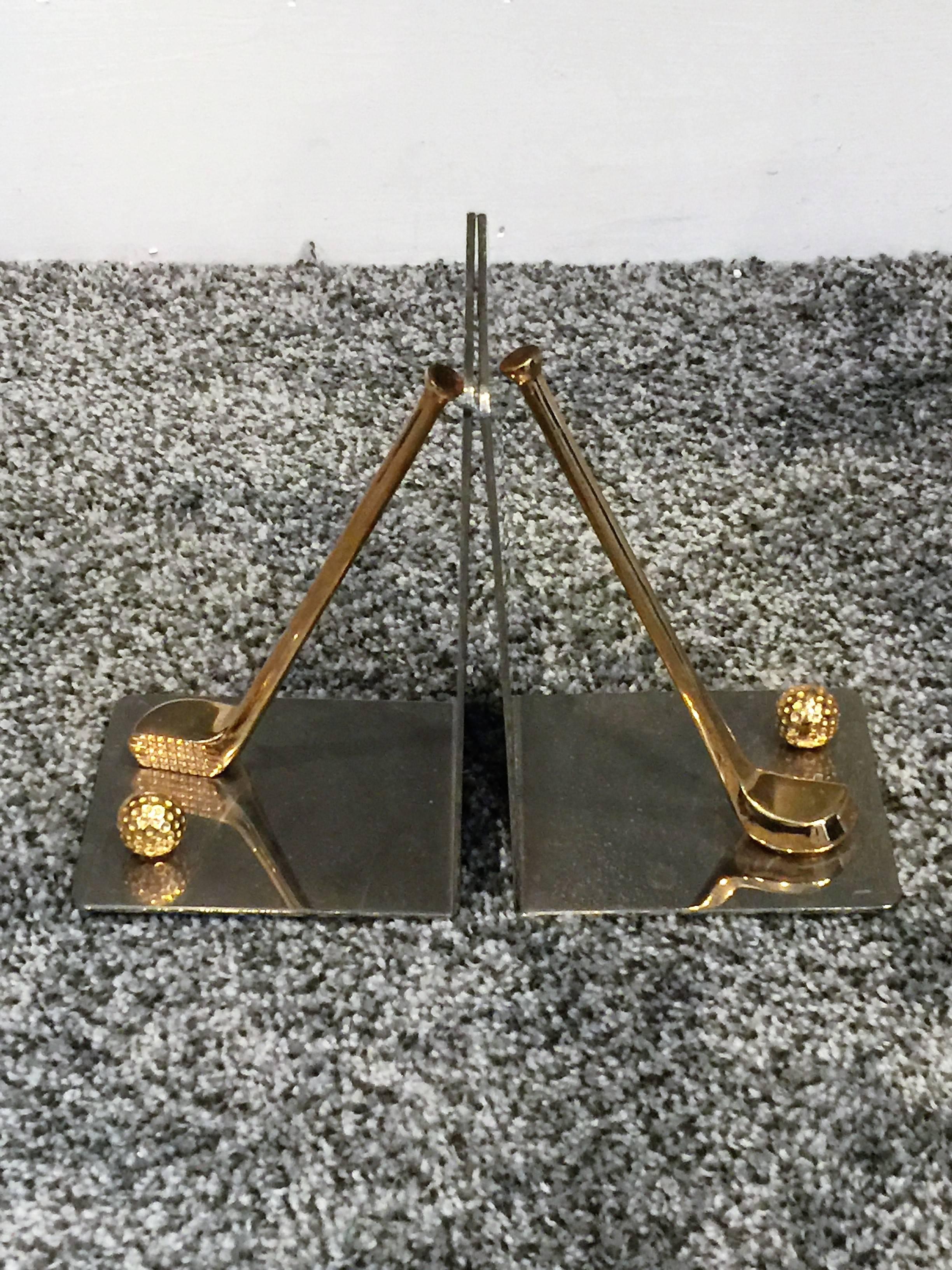 Late 20th Century Gucci Style Modernist Pair of Nickel and Brass Golf Club and Ball Bookends For Sale