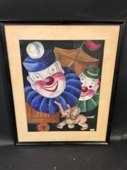 Charming Signed Mid-Century Clowns with Elephant Painting