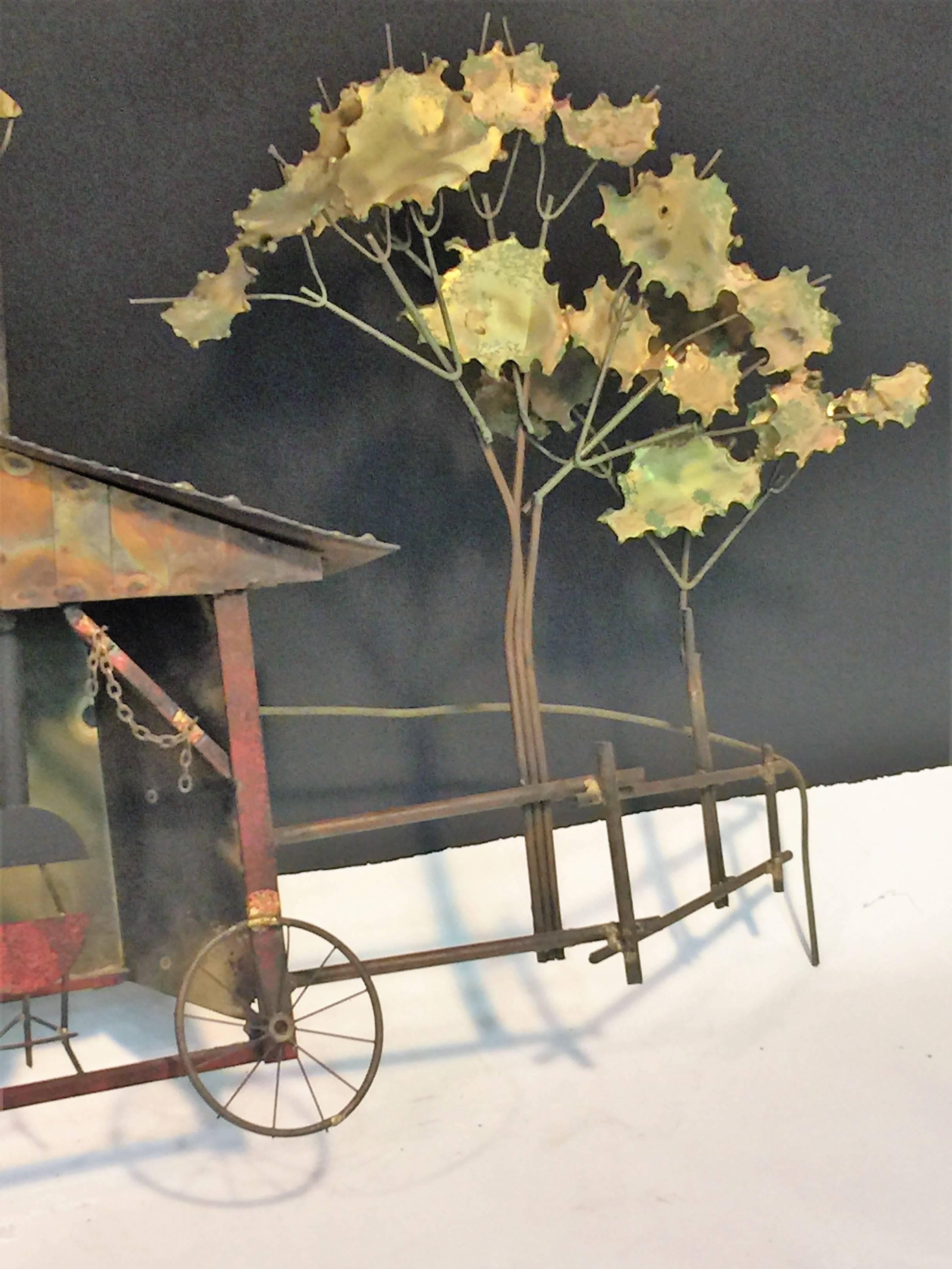 Modern Whimsical Curtis Jere Brutalist Barn and Horse Carriage Wall Sculpture For Sale