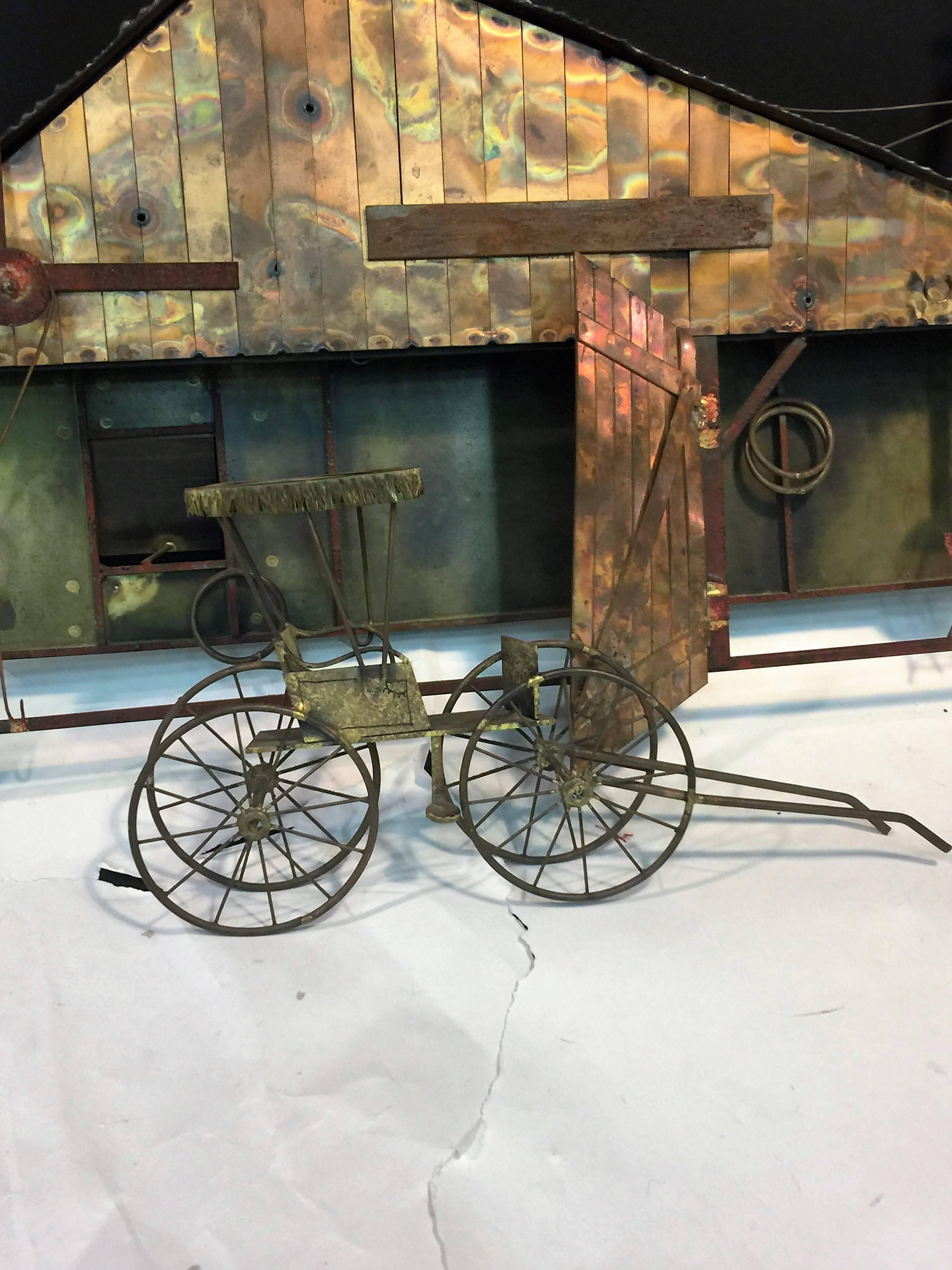 American Whimsical Curtis Jere Brutalist Barn and Horse Carriage Wall Sculpture For Sale