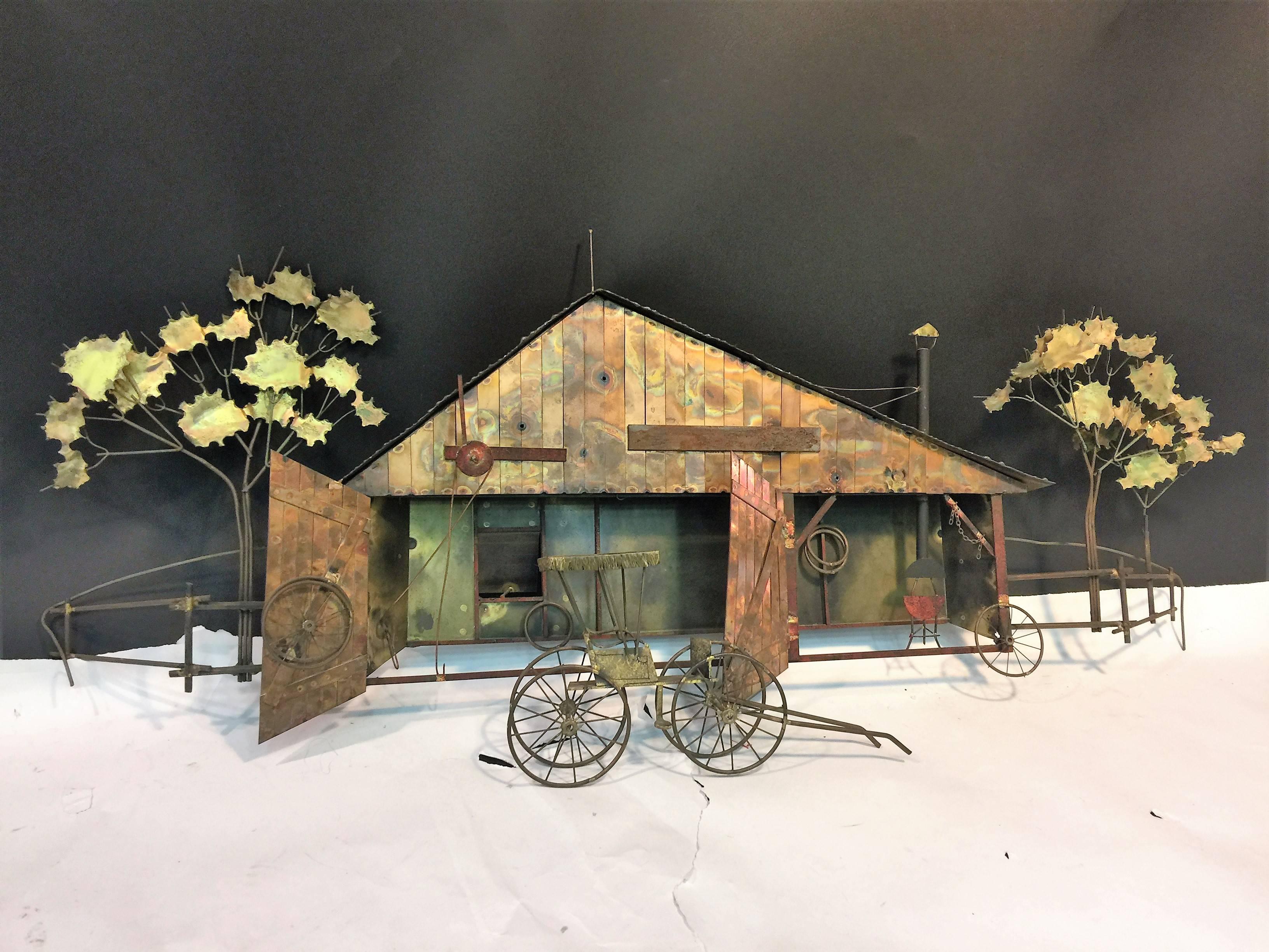 Whimsical Curtis Jere Brutalist Barn and Horse Carriage Wall Sculpture For Sale 1