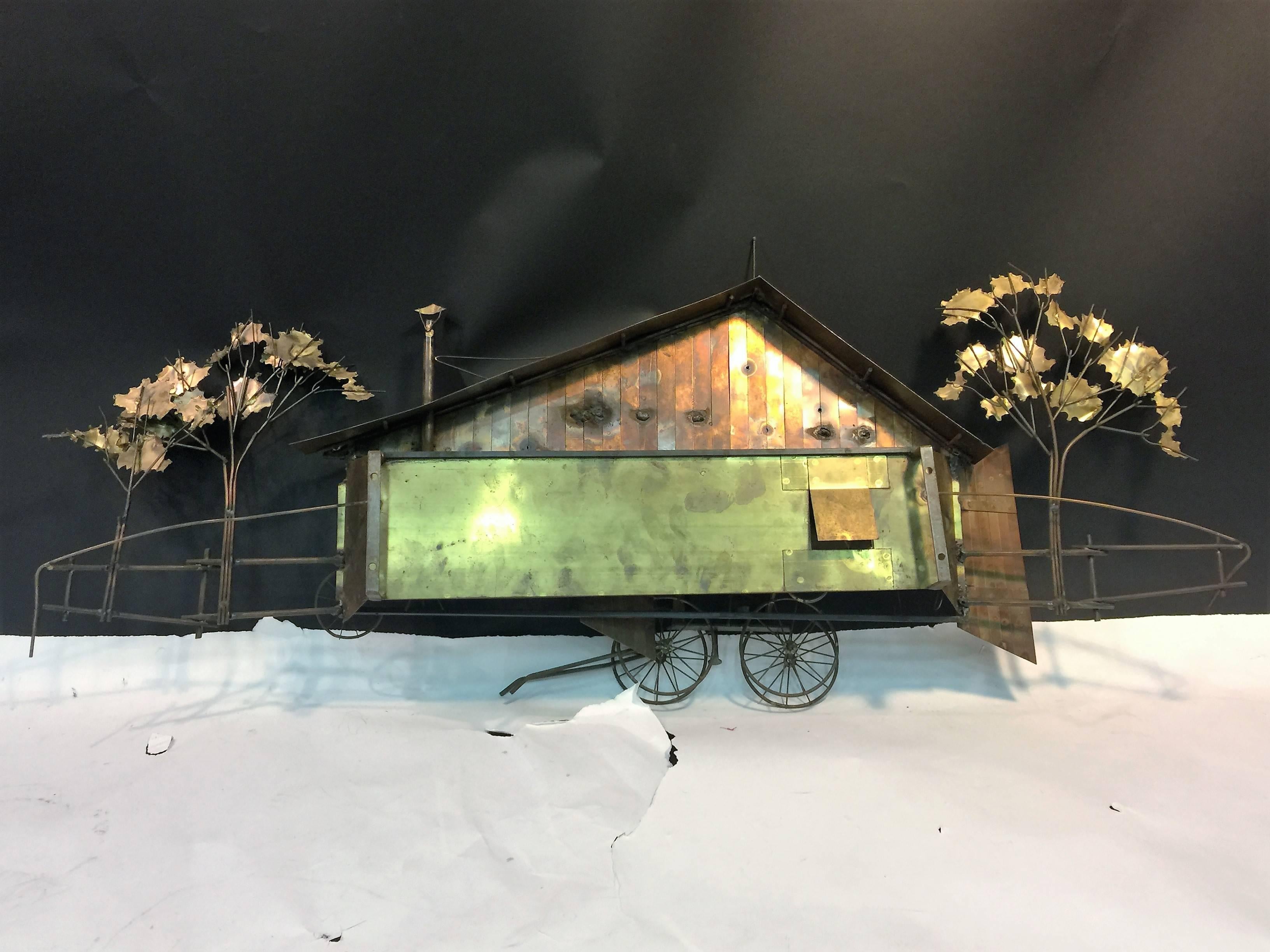 Whimsical Curtis Jere Brutalist Barn and Horse Carriage Wall Sculpture For Sale 2