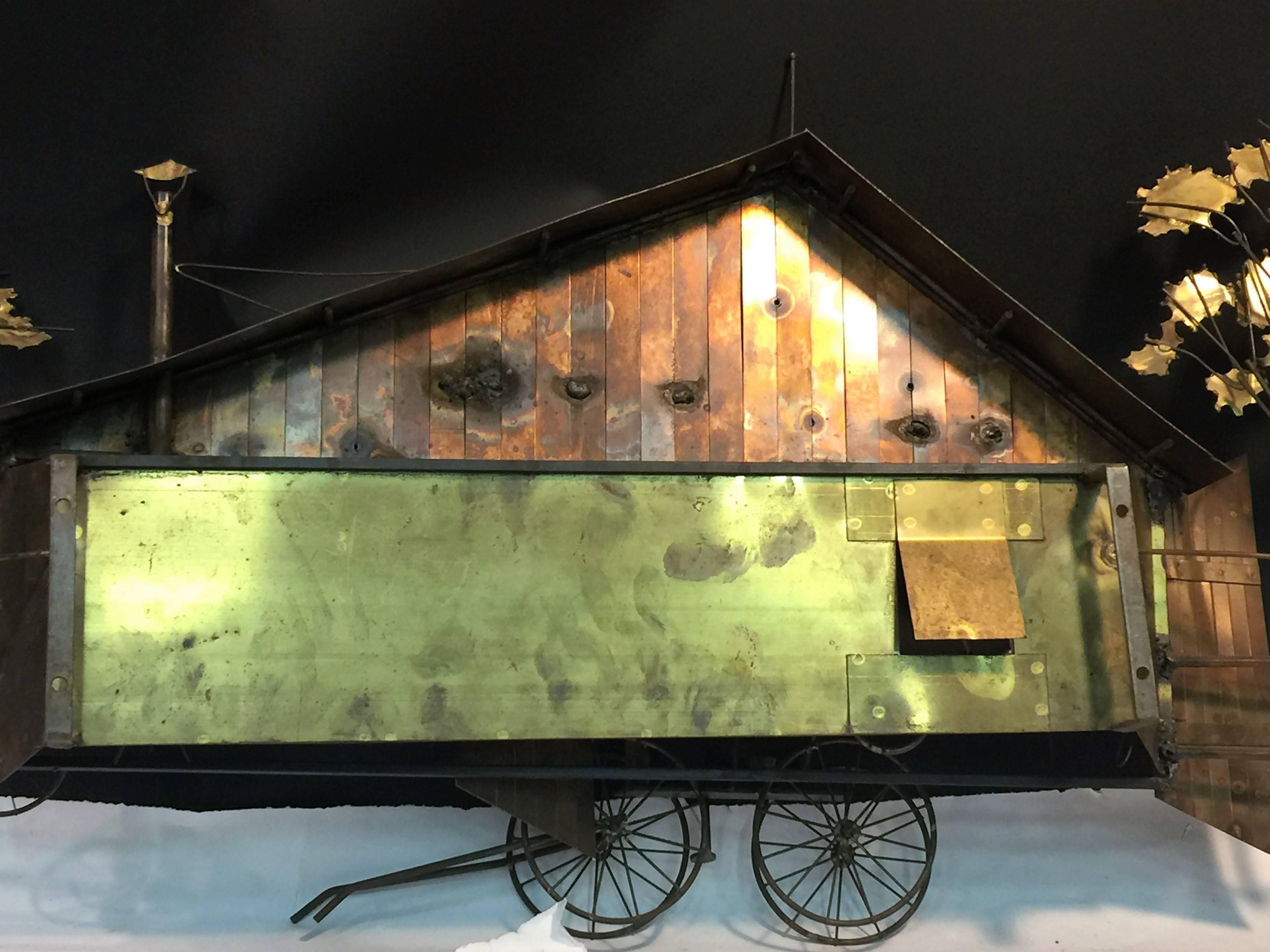 Whimsical Curtis Jere Brutalist Barn and Horse Carriage Wall Sculpture For Sale 4