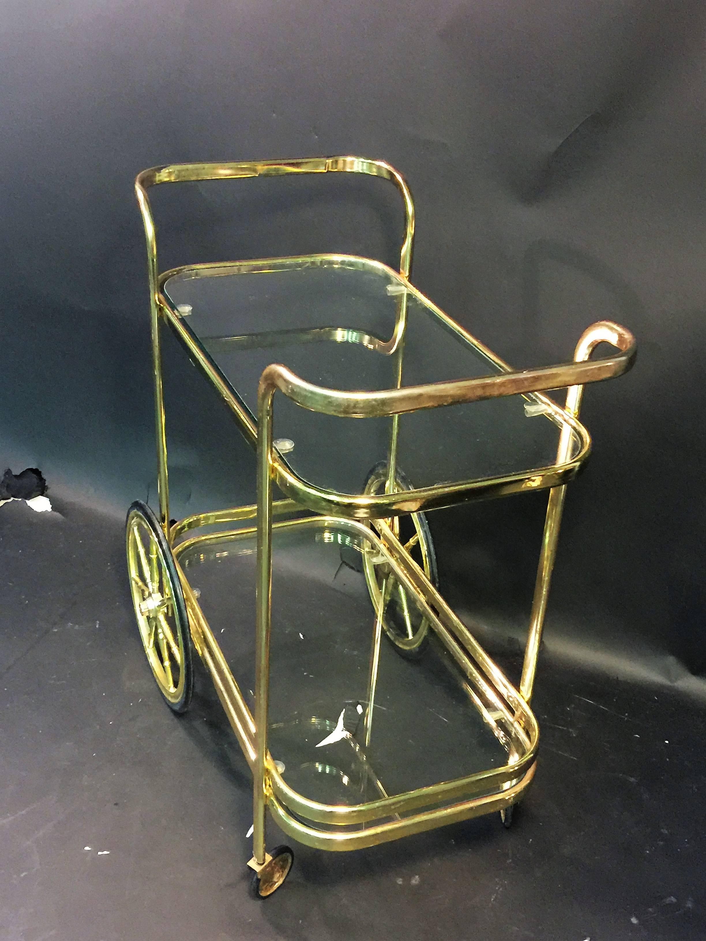 American Modern Brass Tone Milo Baughman Style Bar Cart For Sale