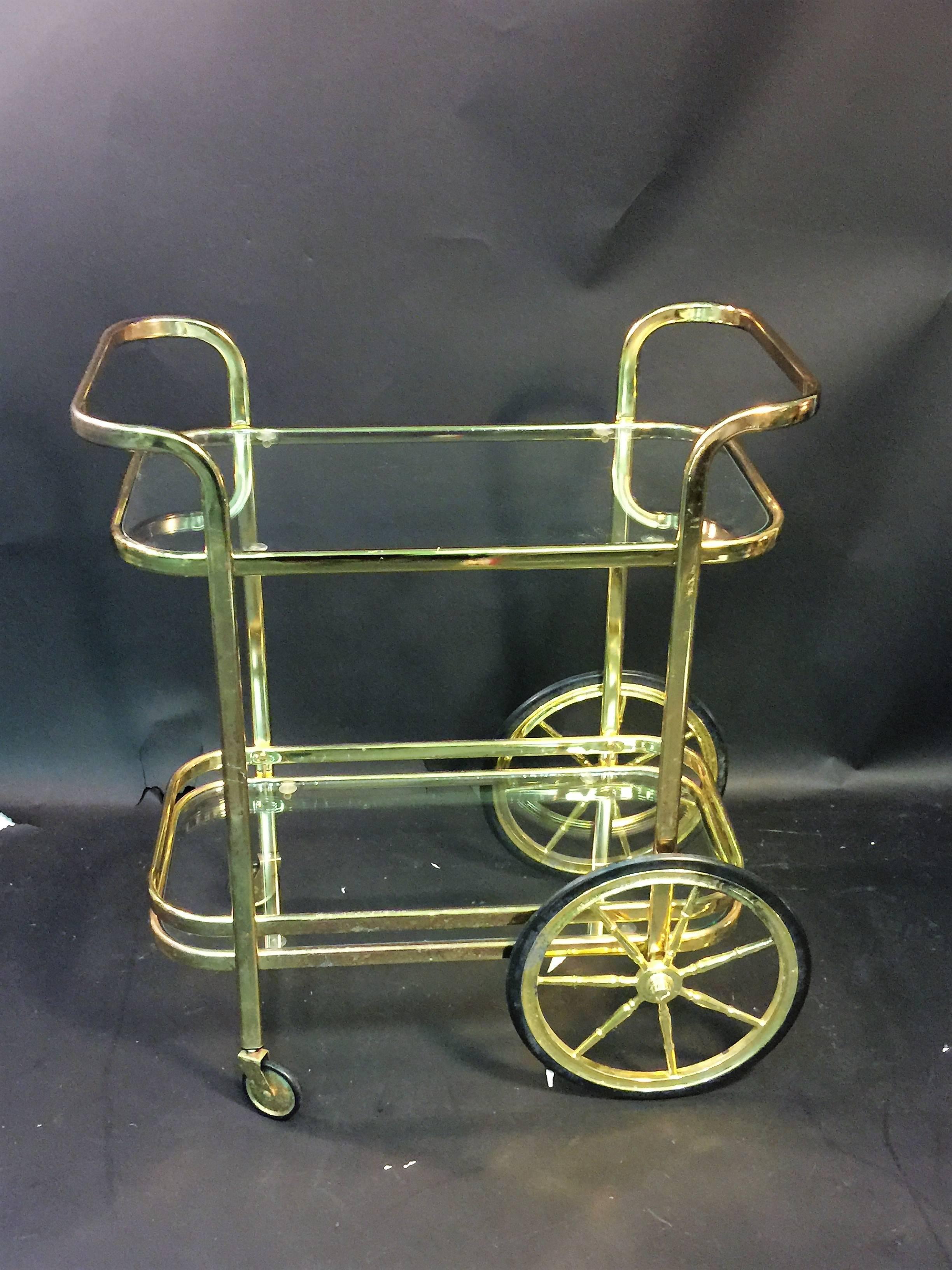 Modern Brass Tone Milo Baughman Style Bar Cart In Good Condition For Sale In Mount Penn, PA