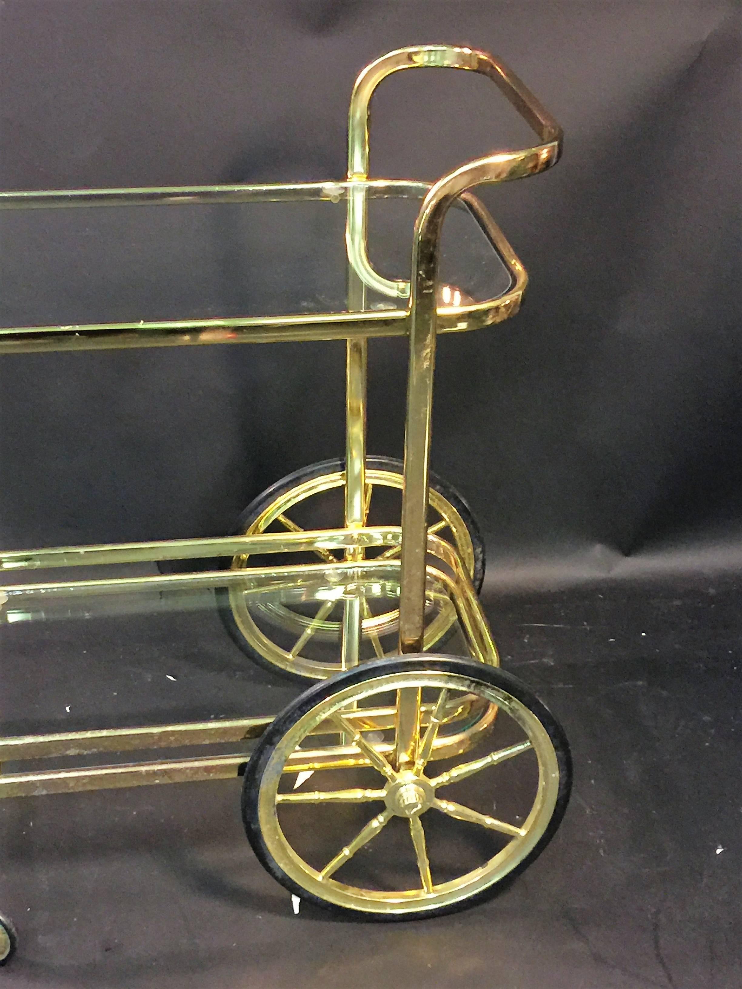 Late 20th Century Modern Brass Tone Milo Baughman Style Bar Cart For Sale
