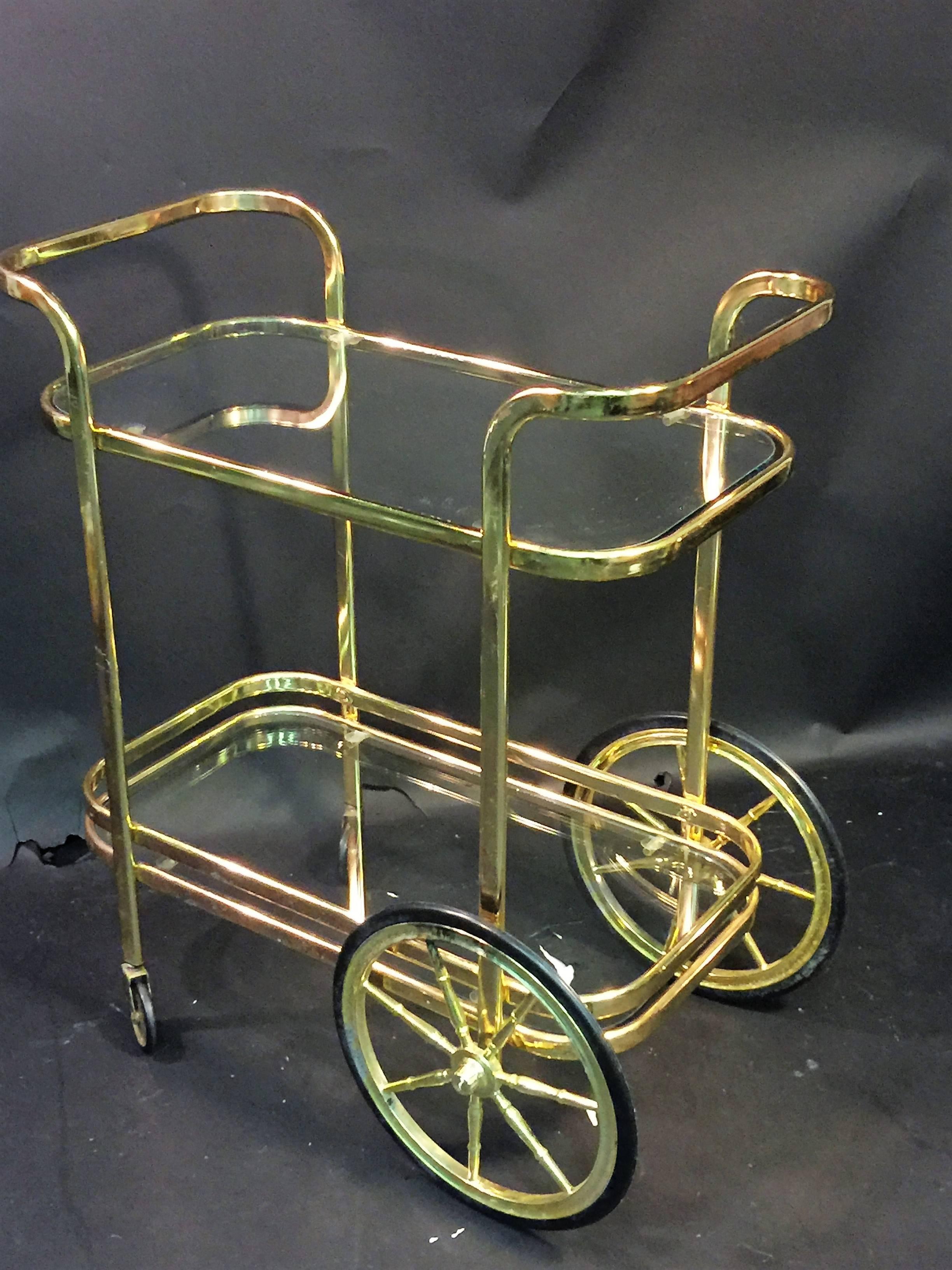 Modern Brass Tone Milo Baughman Style Bar Cart For Sale 1