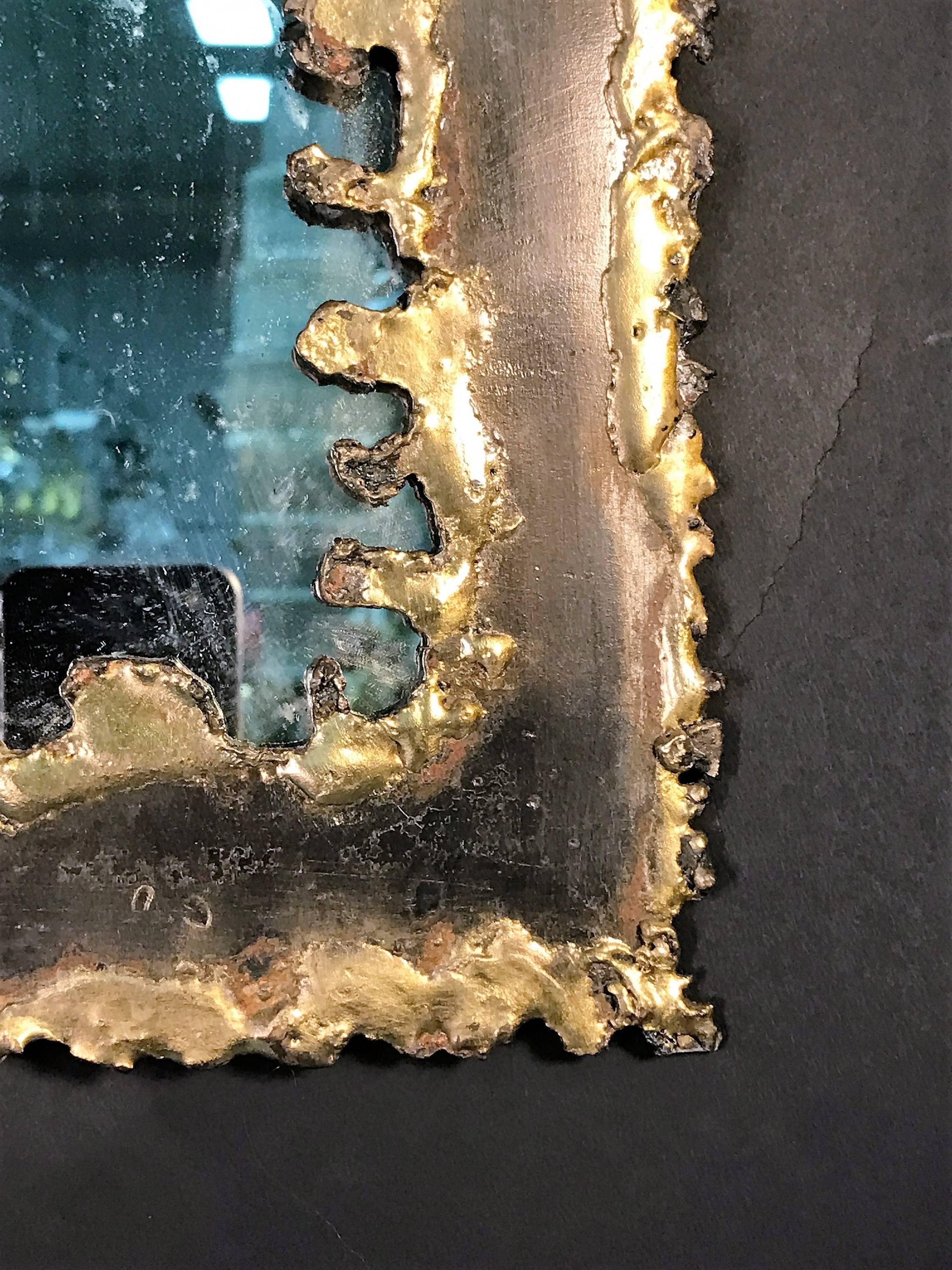 Brutalist Torch Cut Framed Rectangular Mirror in the Manner of Paul Evans For Sale 1