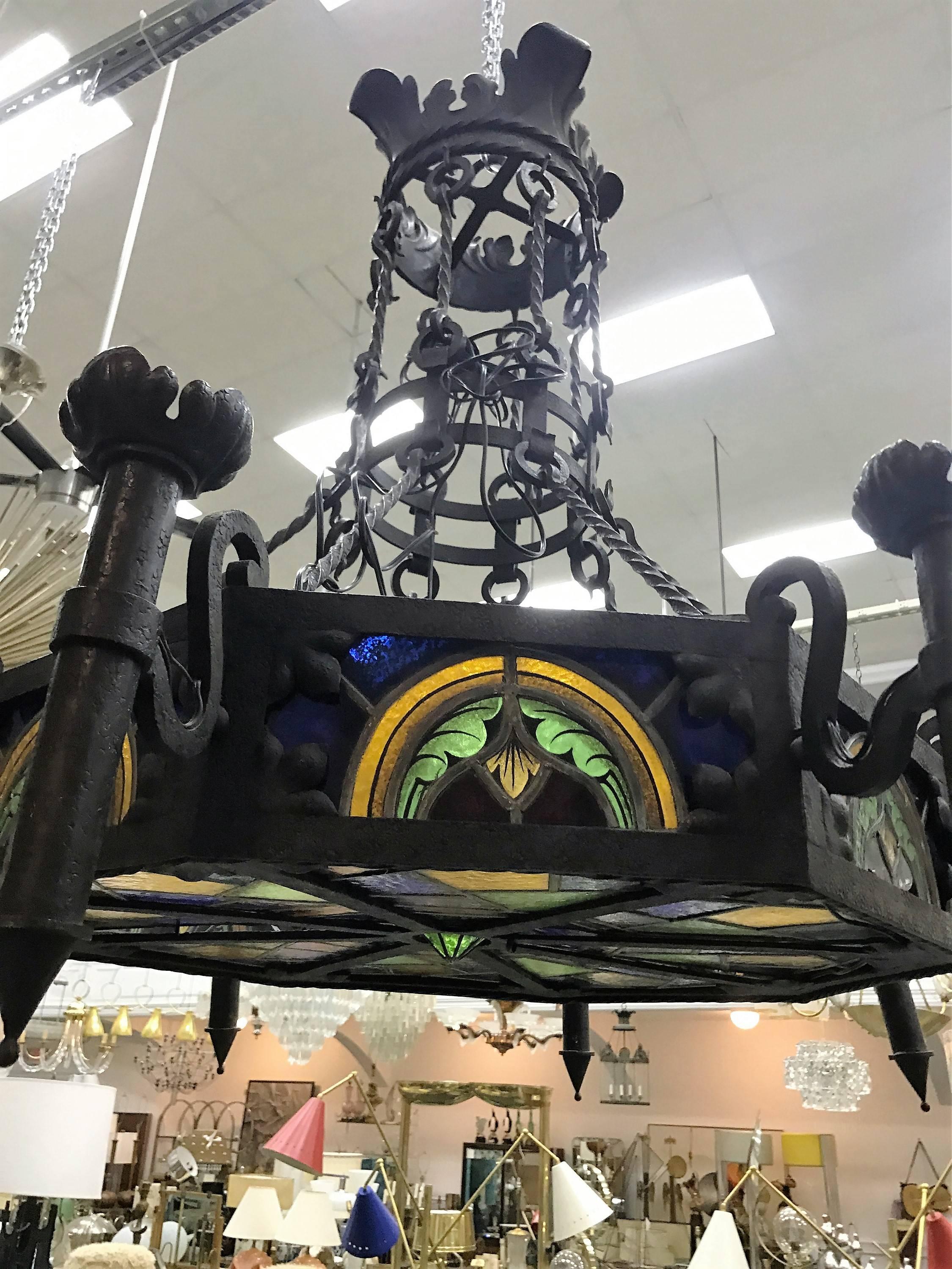 Monumental French 19th Century Gothic Chandelier with Tiffany Style Glass In Excellent Condition For Sale In Mount Penn, PA