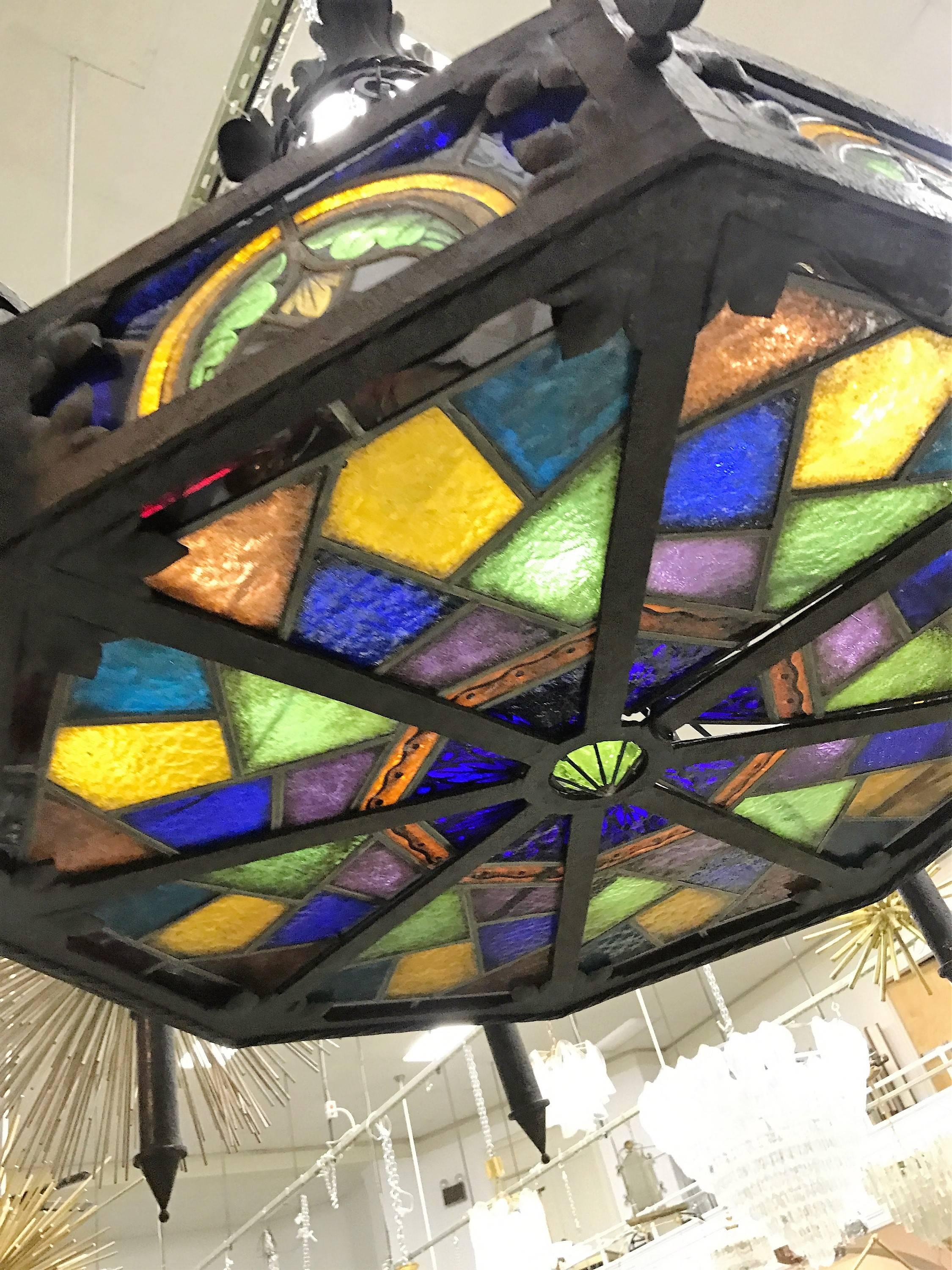 Late 19th Century Monumental French 19th Century Gothic Chandelier with Tiffany Style Glass For Sale