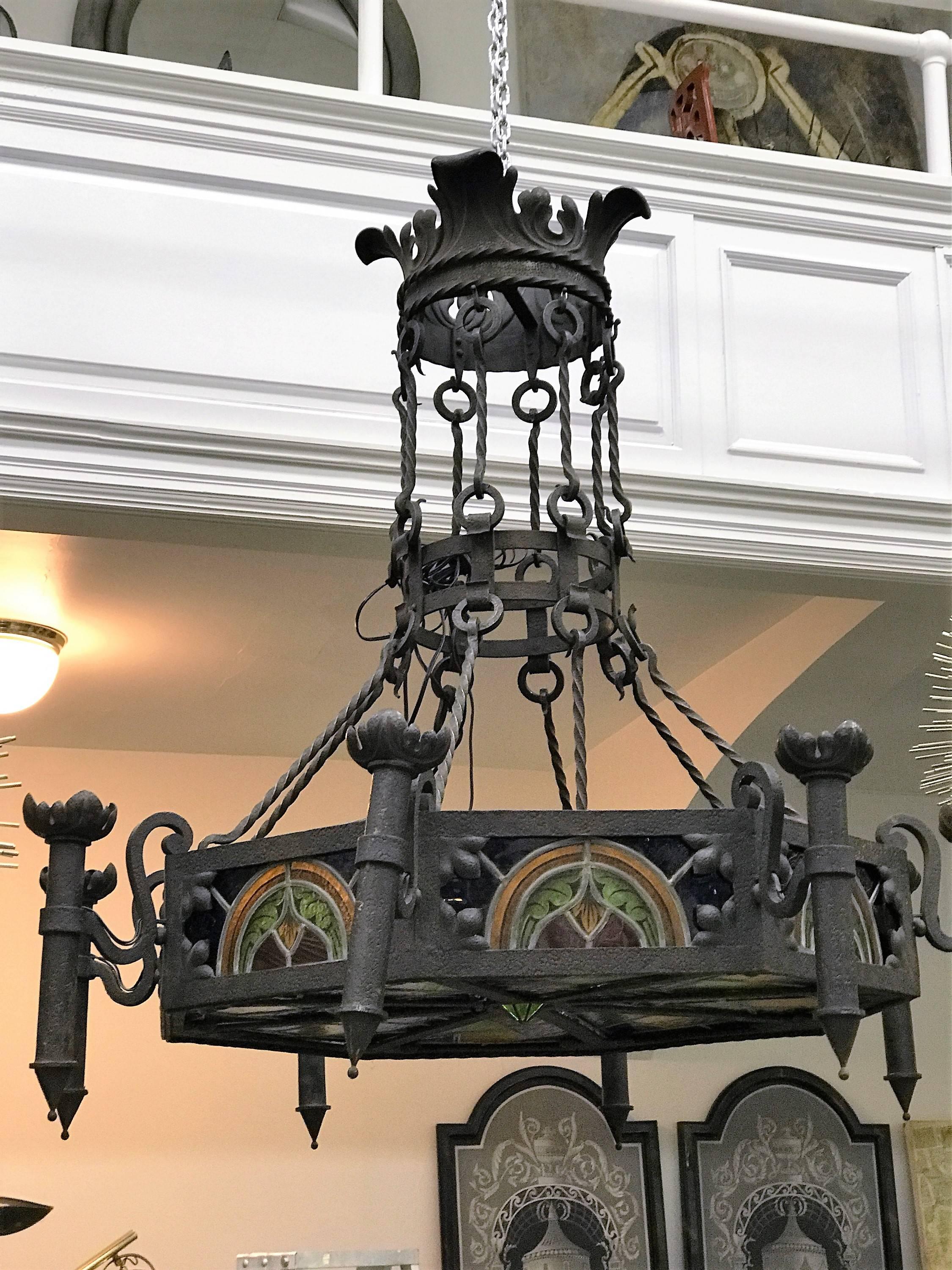 Monumental French 19th Century Gothic Chandelier with Tiffany Style Glass For Sale 6