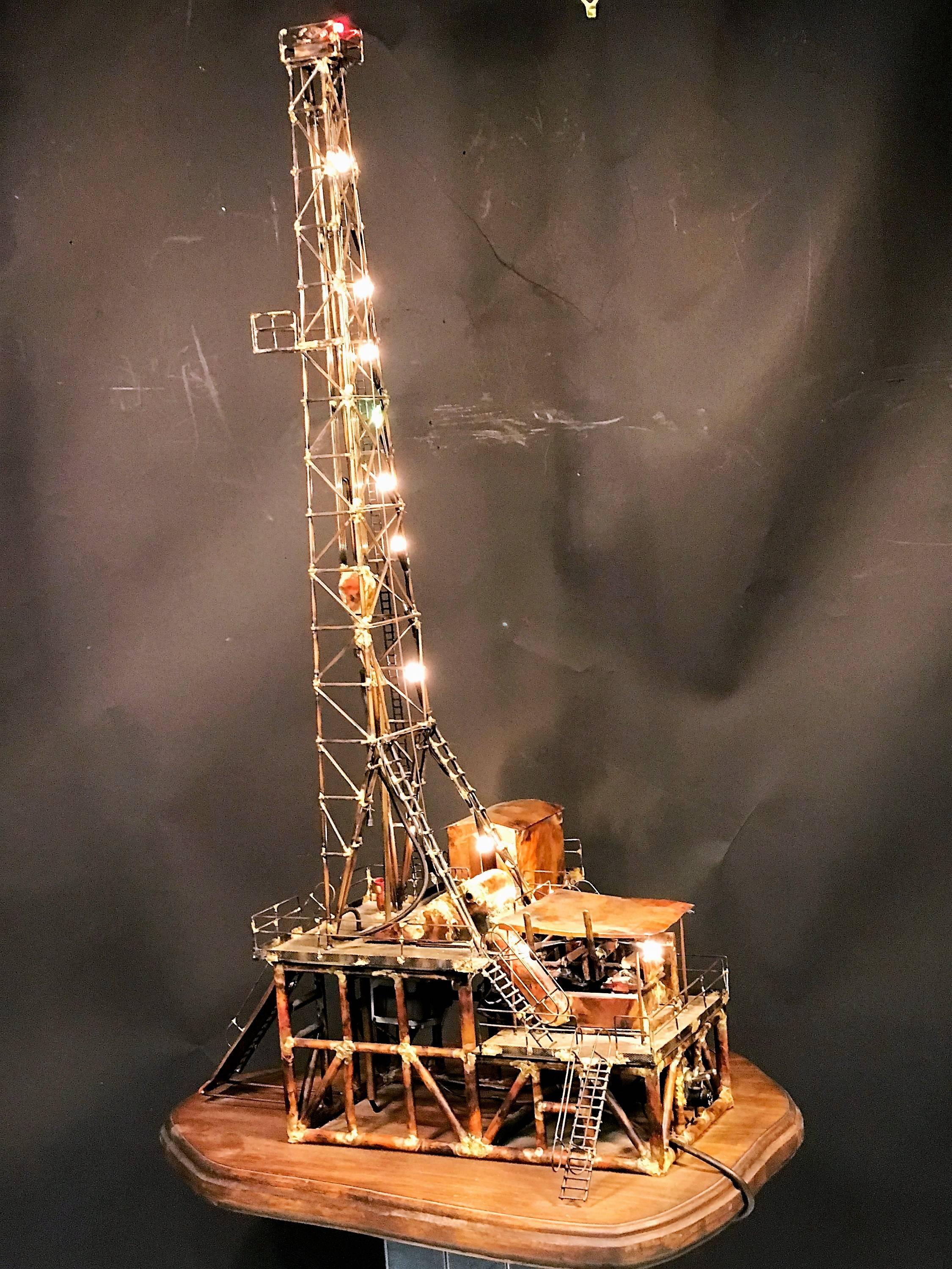 Fantastic Brutalist Mixed Metal Illuminated and Drilling Oil Rig Sculpture For Sale 2