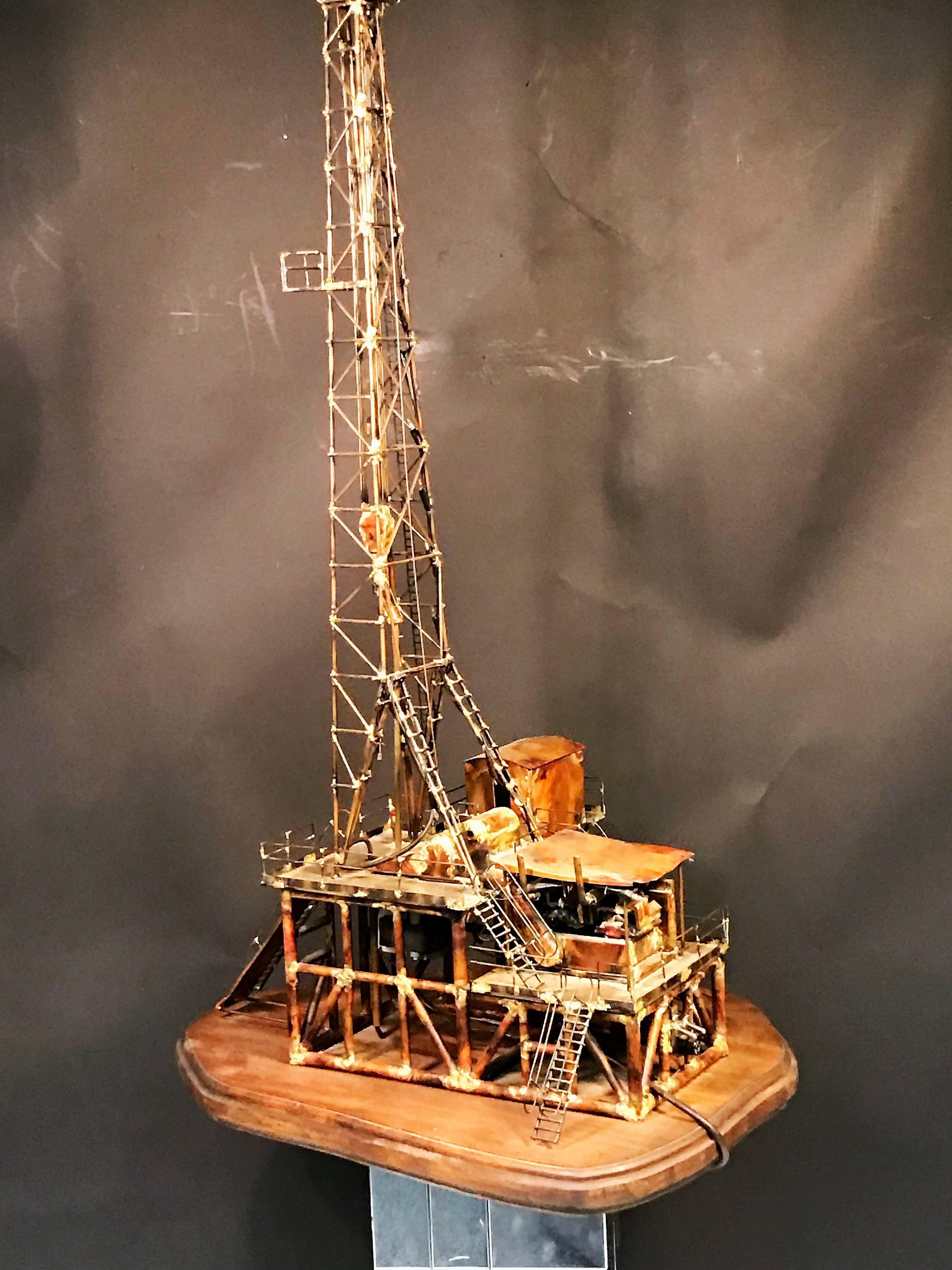 Fantastic Brutalist Mixed Metal Illuminated and Drilling Oil Rig Sculpture For Sale 3