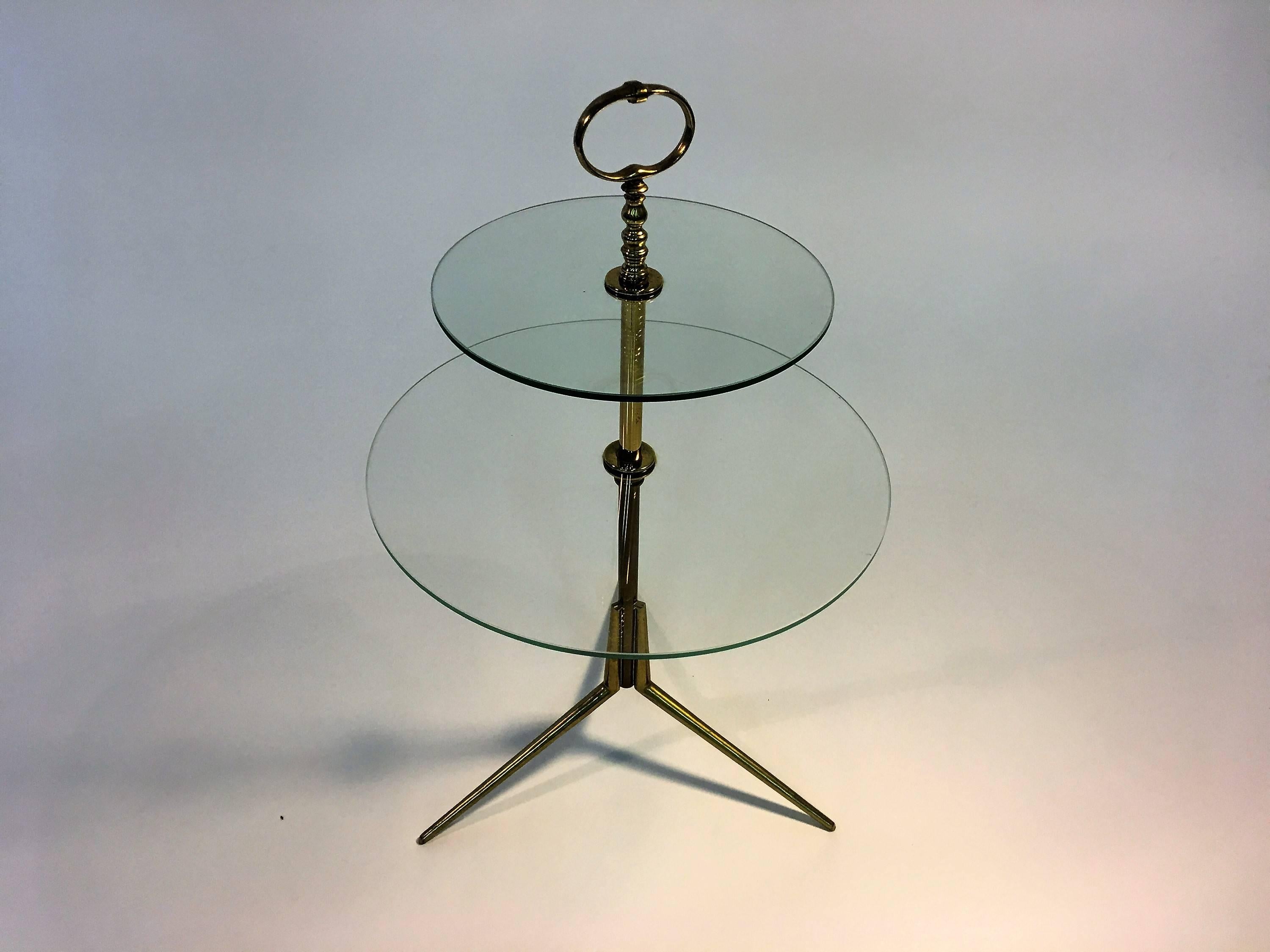 Great Italian Mid-Century double glass brass table with tripod base designed by Pietro Chiesa for Fontana Arte, circa 1950s.