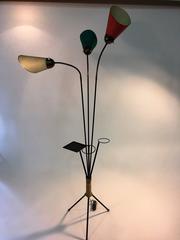 Striking 1950s Italian Modernist Black Iron, Brass and Rope Tripod Floor Lamp