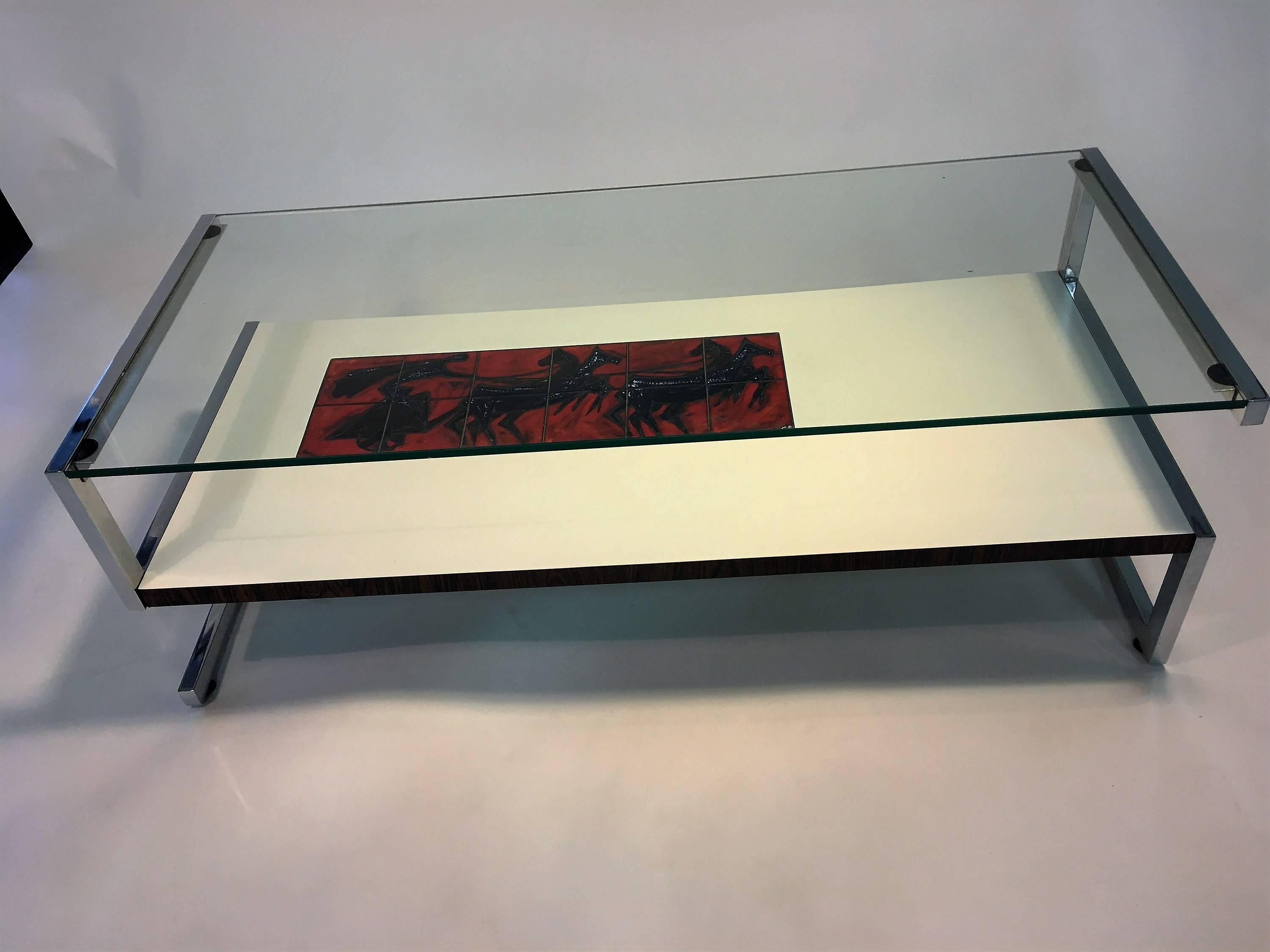 Late 20th Century Amazing Italian Modernist Tile and Laminate Chrome Frame Coffee Table For Sale