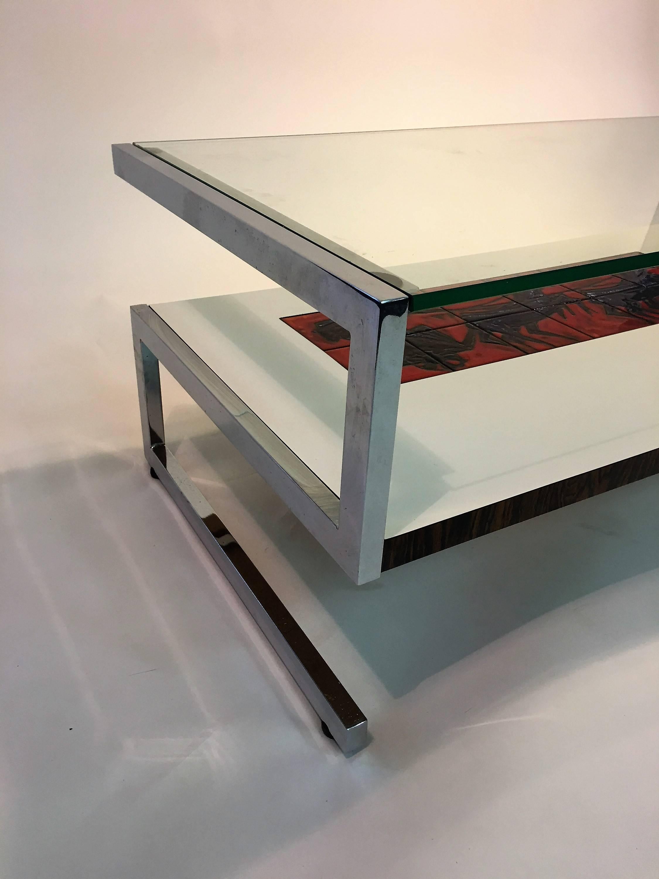 Amazing Italian Modernist Tile and Laminate Chrome Frame Coffee Table For Sale 1