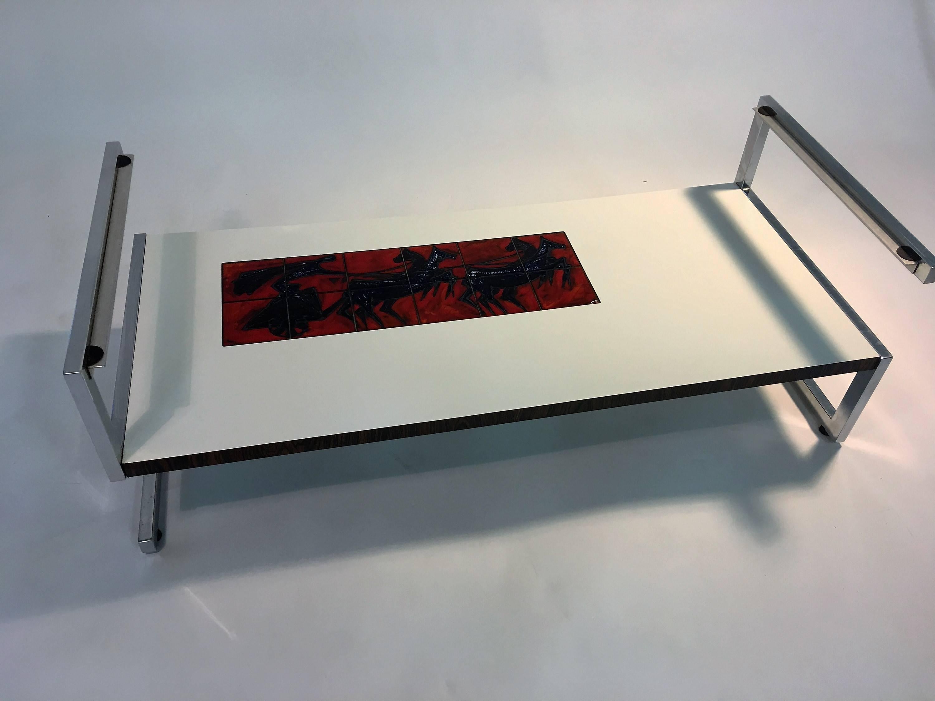 Amazing Italian Modernist Tile and Laminate Chrome Frame Coffee Table For Sale 4