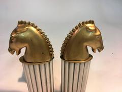 Stunning Pair of Art Deco Bronze Horse Head Knight Andirons