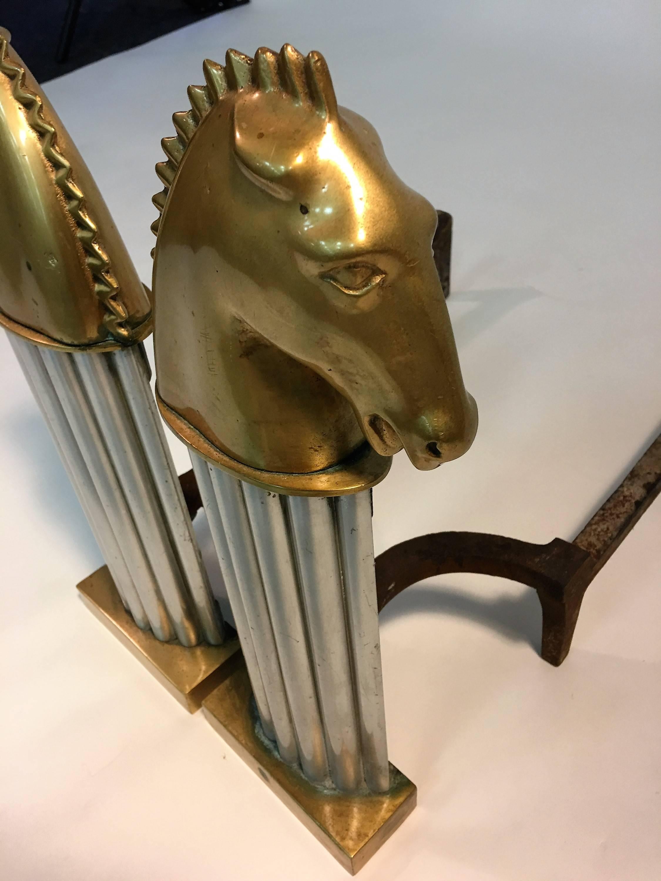 American Stunning Pair of Art Deco Bronze Horse Head Knight Andirons For Sale