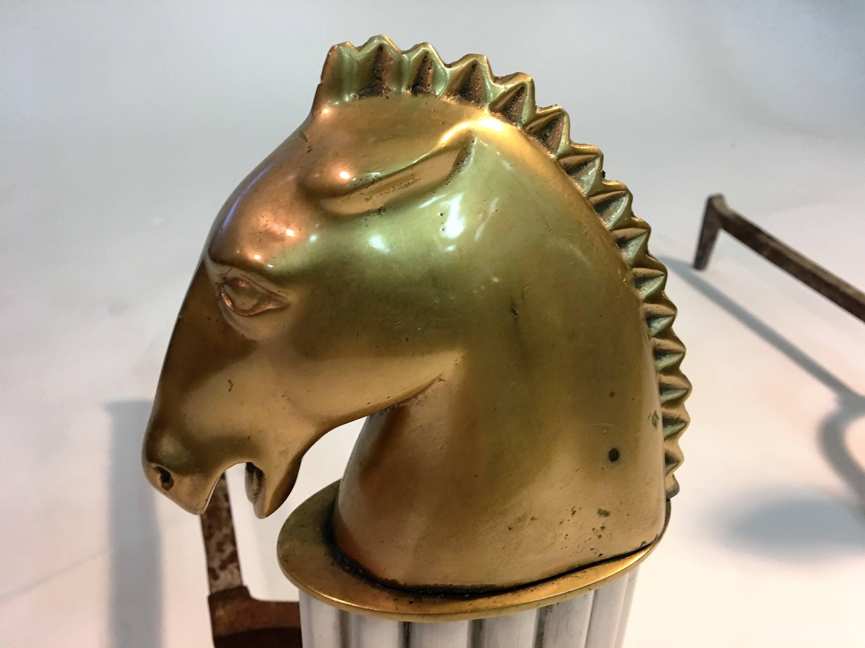 Stunning Pair of Art Deco Bronze Horse Head Knight Andirons In Excellent Condition For Sale In Mount Penn, PA