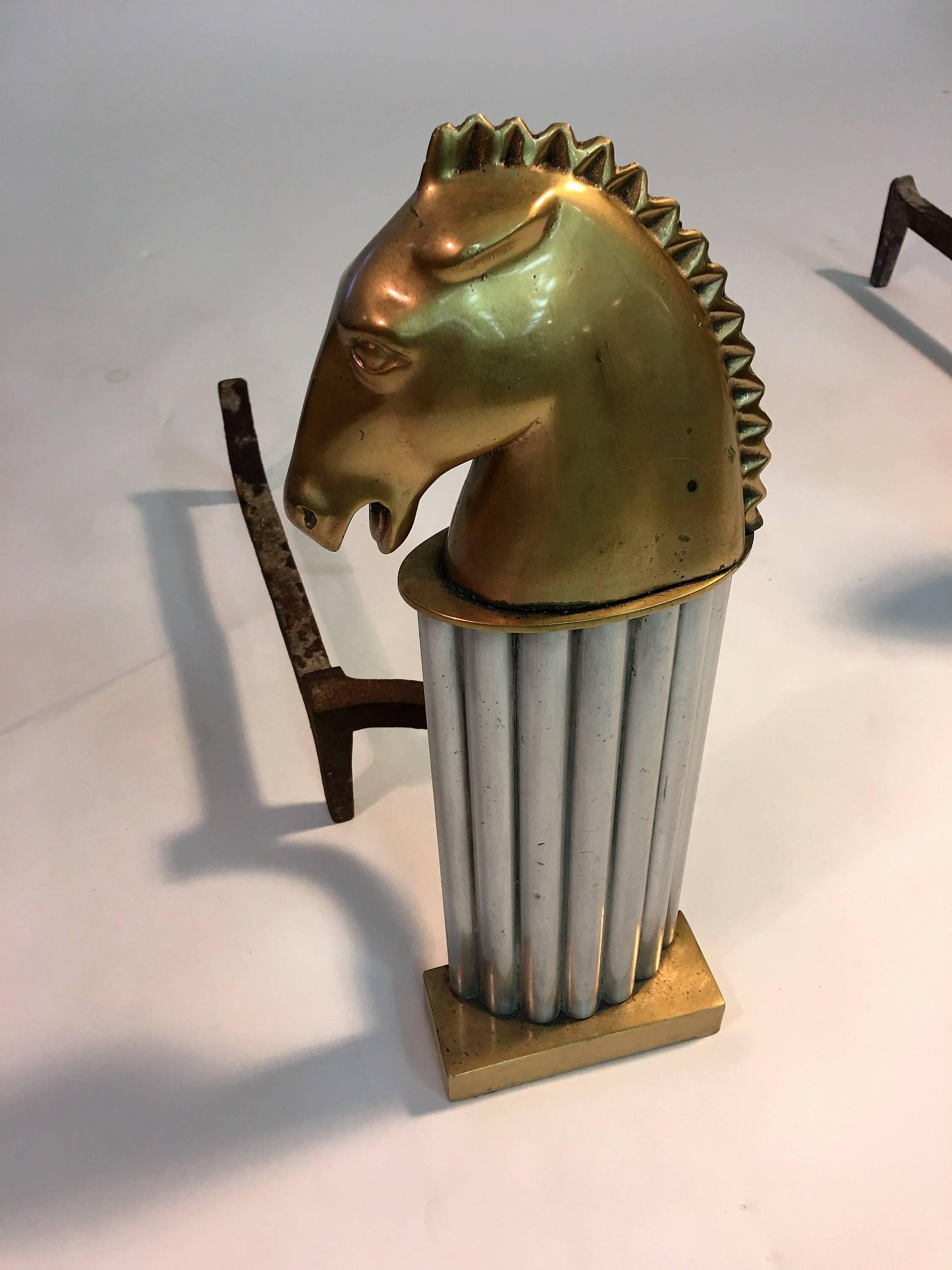 Mid-20th Century Stunning Pair of Art Deco Bronze Horse Head Knight Andirons For Sale