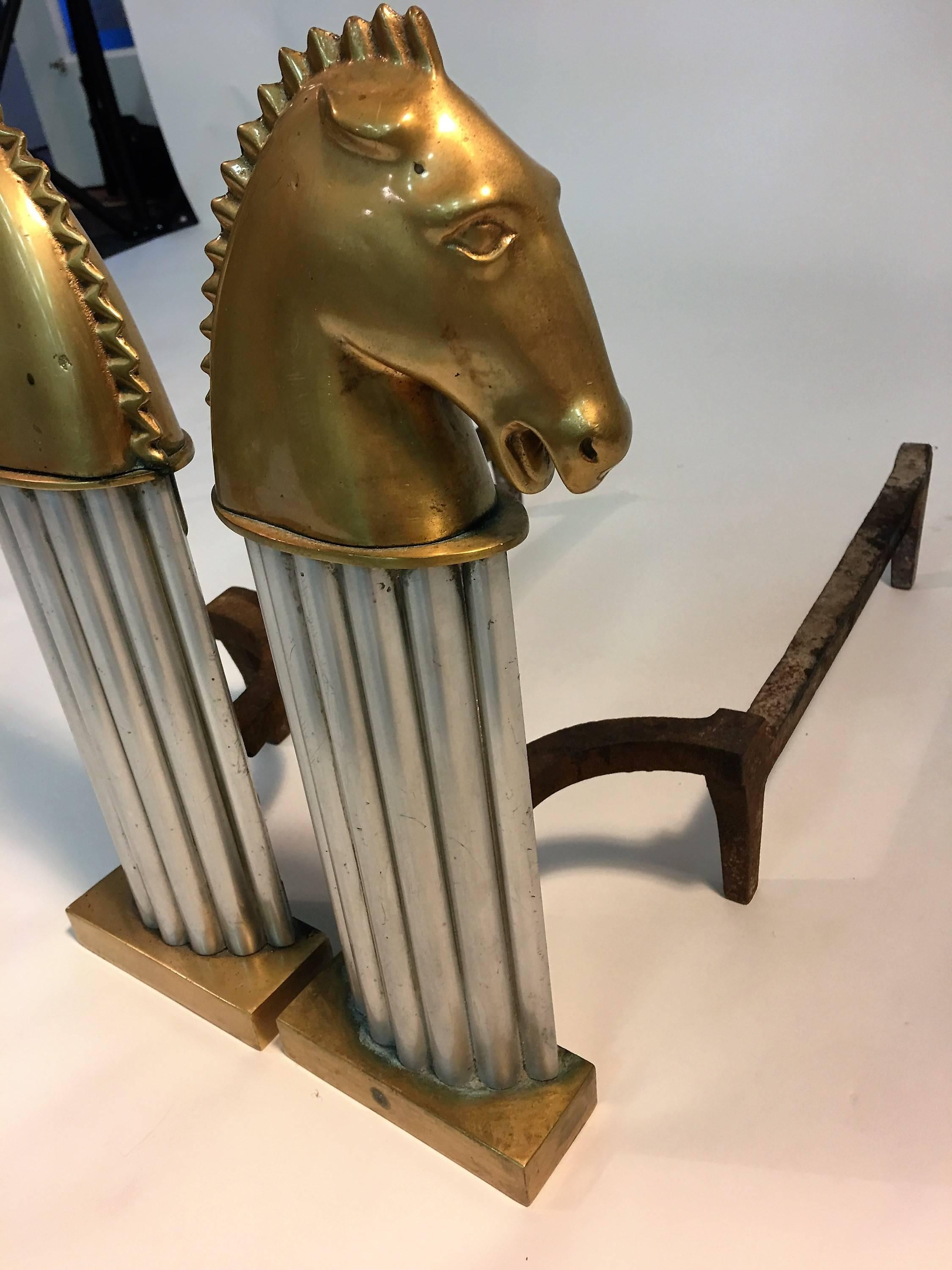 Stunning Pair of Art Deco Bronze Horse Head Knight Andirons For Sale 1