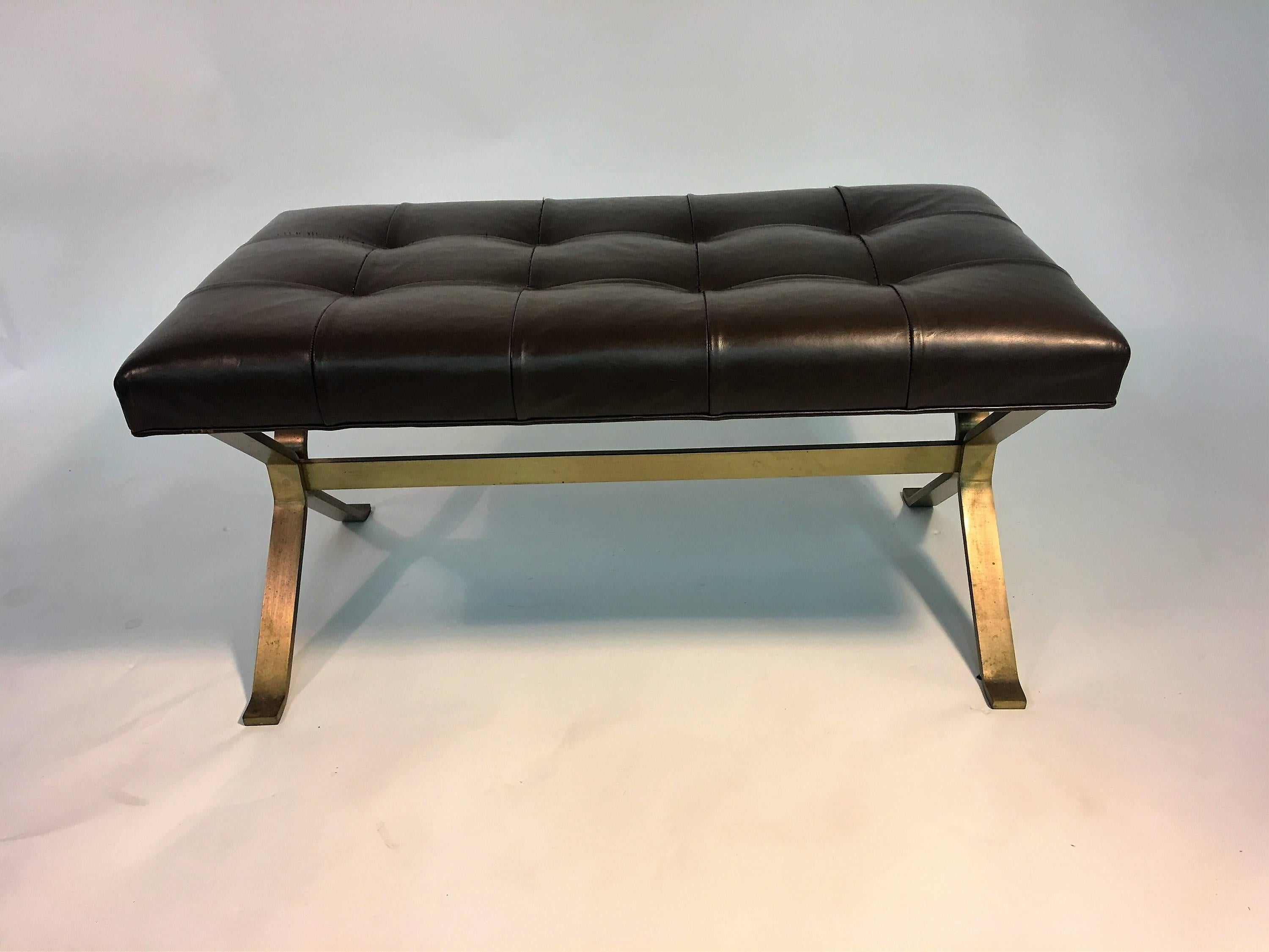 Great solid bronze X-base and stretcher leather bench. The bench top is in original deep chocolate waffle design leather seat.