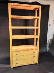 Pair of Rattan & Wicker Brass Accented Etageres in the Style of Gabriella Crespi