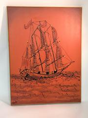 Signed Great Brutalist Bright Orange Pirates Galleon Oil Painting