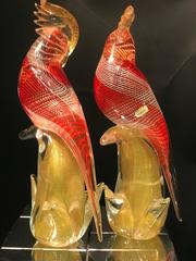 Beautiful Pair of Murano Glass Seguso Luscious Red and White Latticino Birds