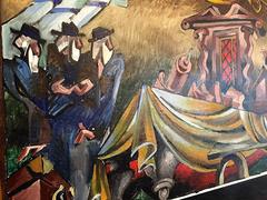 Signed Surrealist Painting of a Religious Jewish Scene with Rabbis and Torah