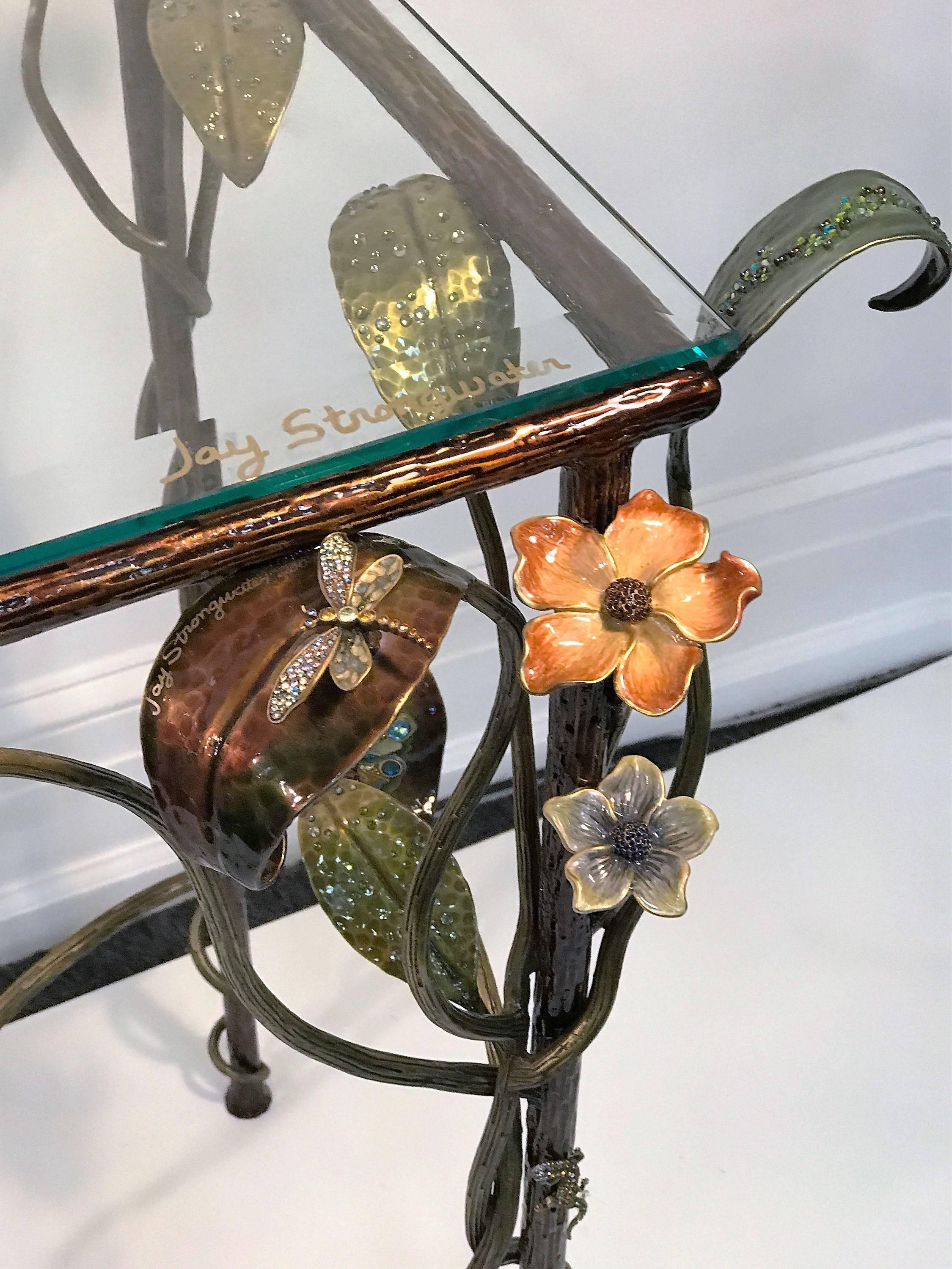 Incredible Jay Strongwater Flora and Fauna Jewel Encrusted Mirror and Console In Excellent Condition For Sale In Mount Penn, PA