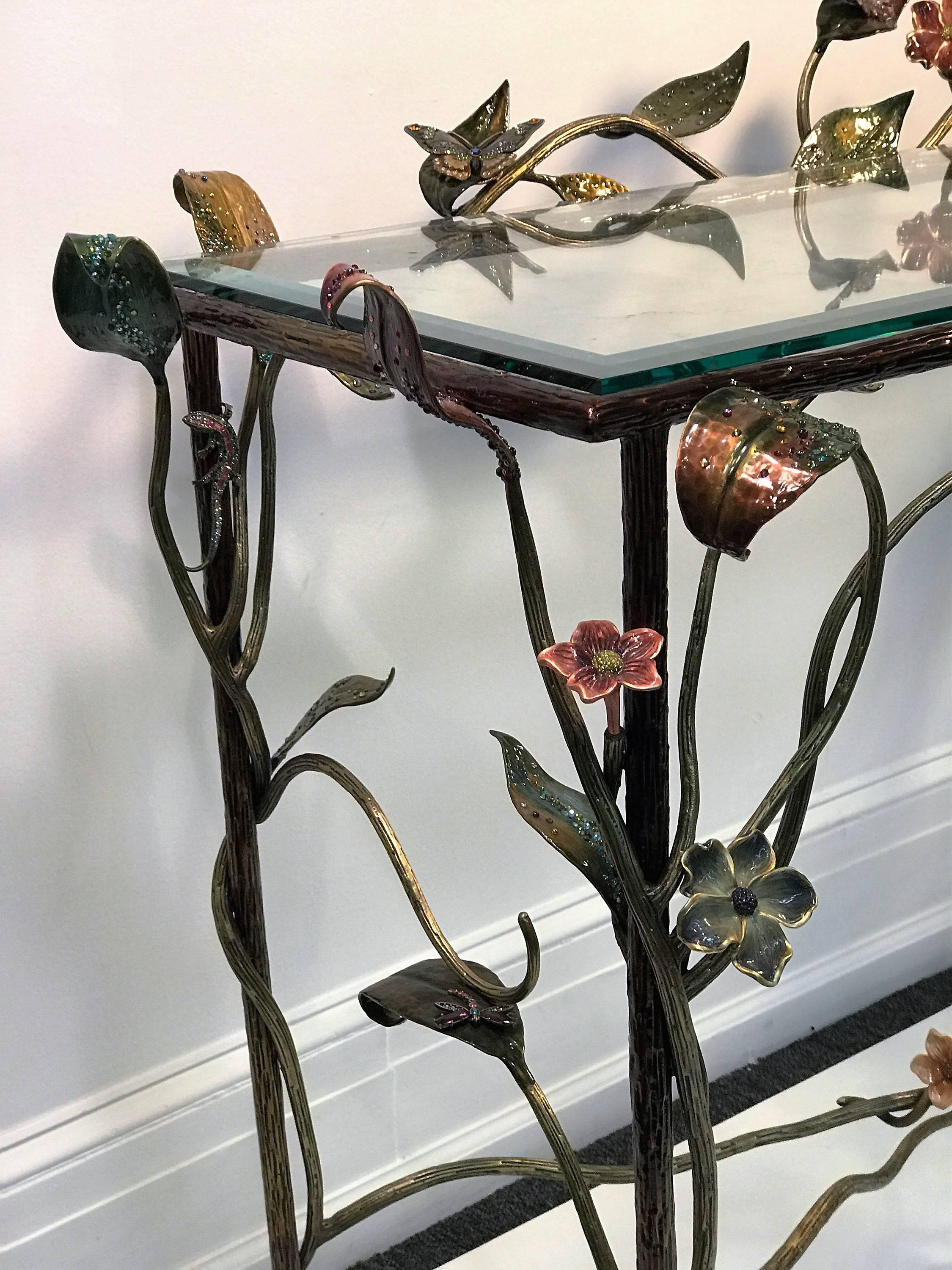 Contemporary Incredible Jay Strongwater Flora and Fauna Jewel Encrusted Mirror and Console For Sale