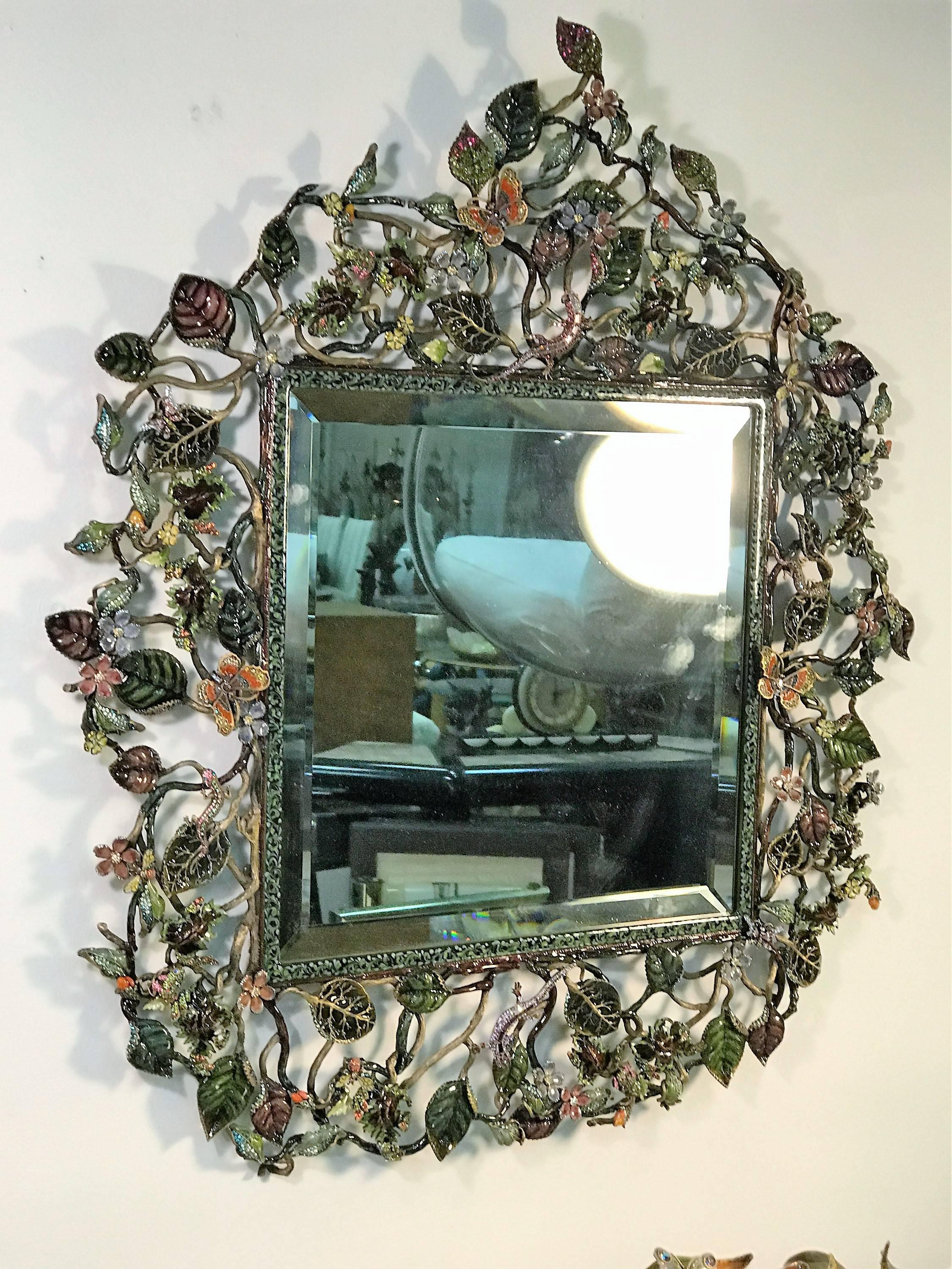 Incredible Jay Strongwater Flora and Fauna Jewel Encrusted Mirror and Console For Sale 1
