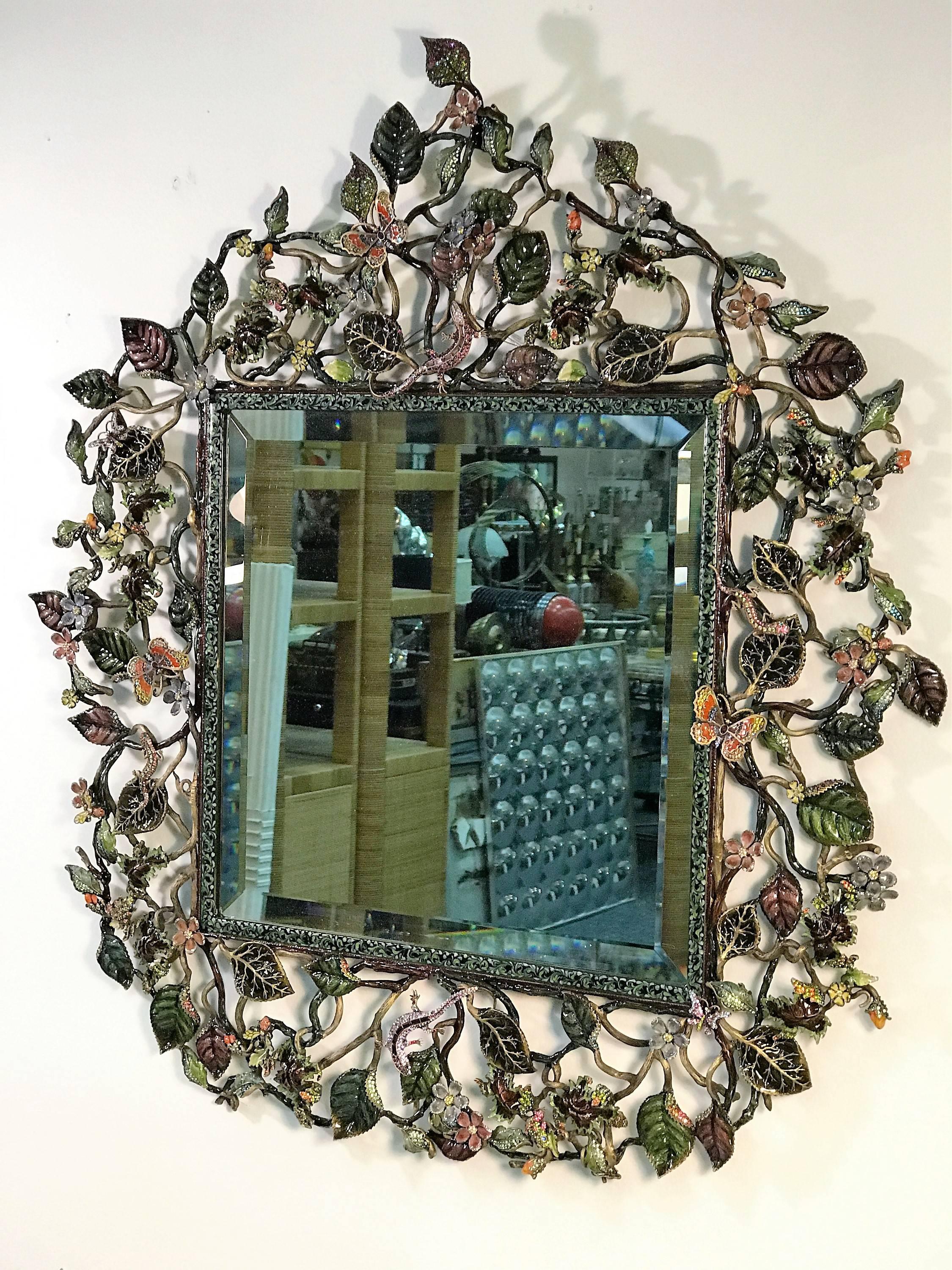 Incredible Jay Strongwater Flora and Fauna Jewel Encrusted Mirror and Console For Sale 2