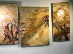 Signed Modernist Abstract Lacquer Design Triptych Paintings