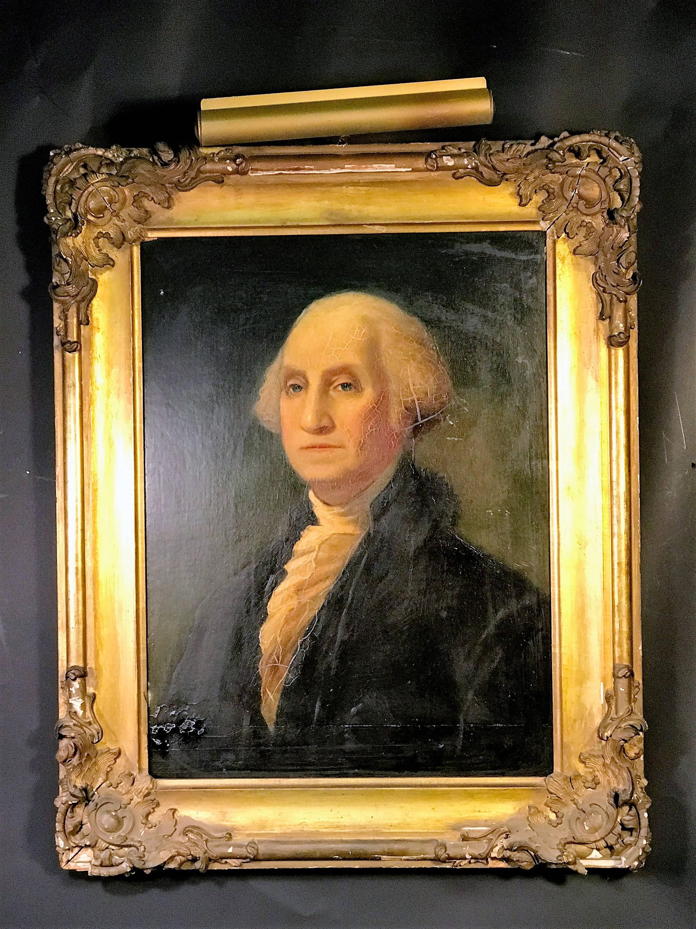 Great period 19th century oil painting on wood board of George Washington. In original elaborate gilded gesso and wood frame. Comes with gilt metal painting light affixed to the frame. Measurements of painting alone are 21 1/2 inches wide and 29