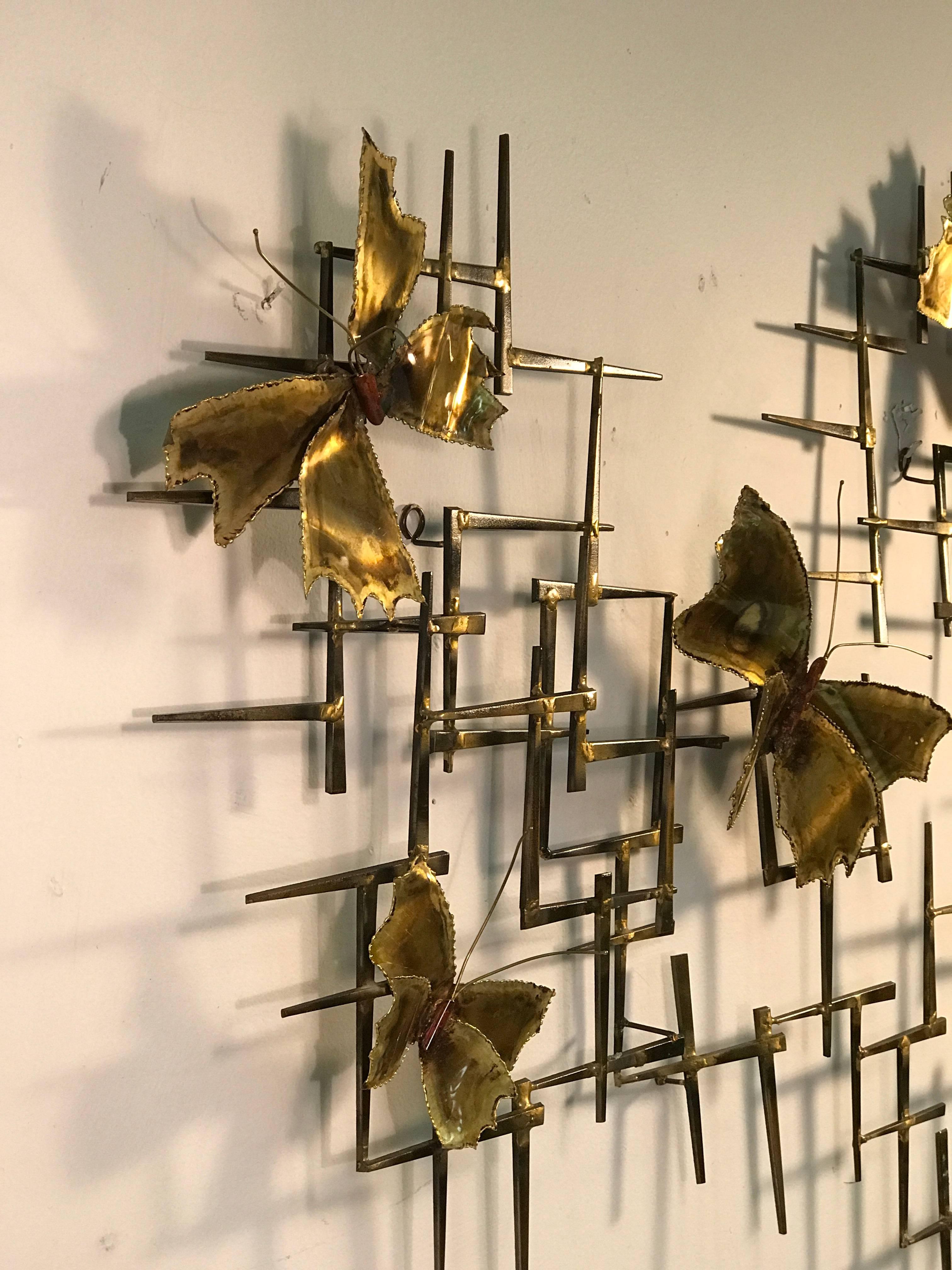 Brutalist Monumental Mixed-Metal Nail Wall Sculpture with Butterfly Accents by Curtis Jere For Sale