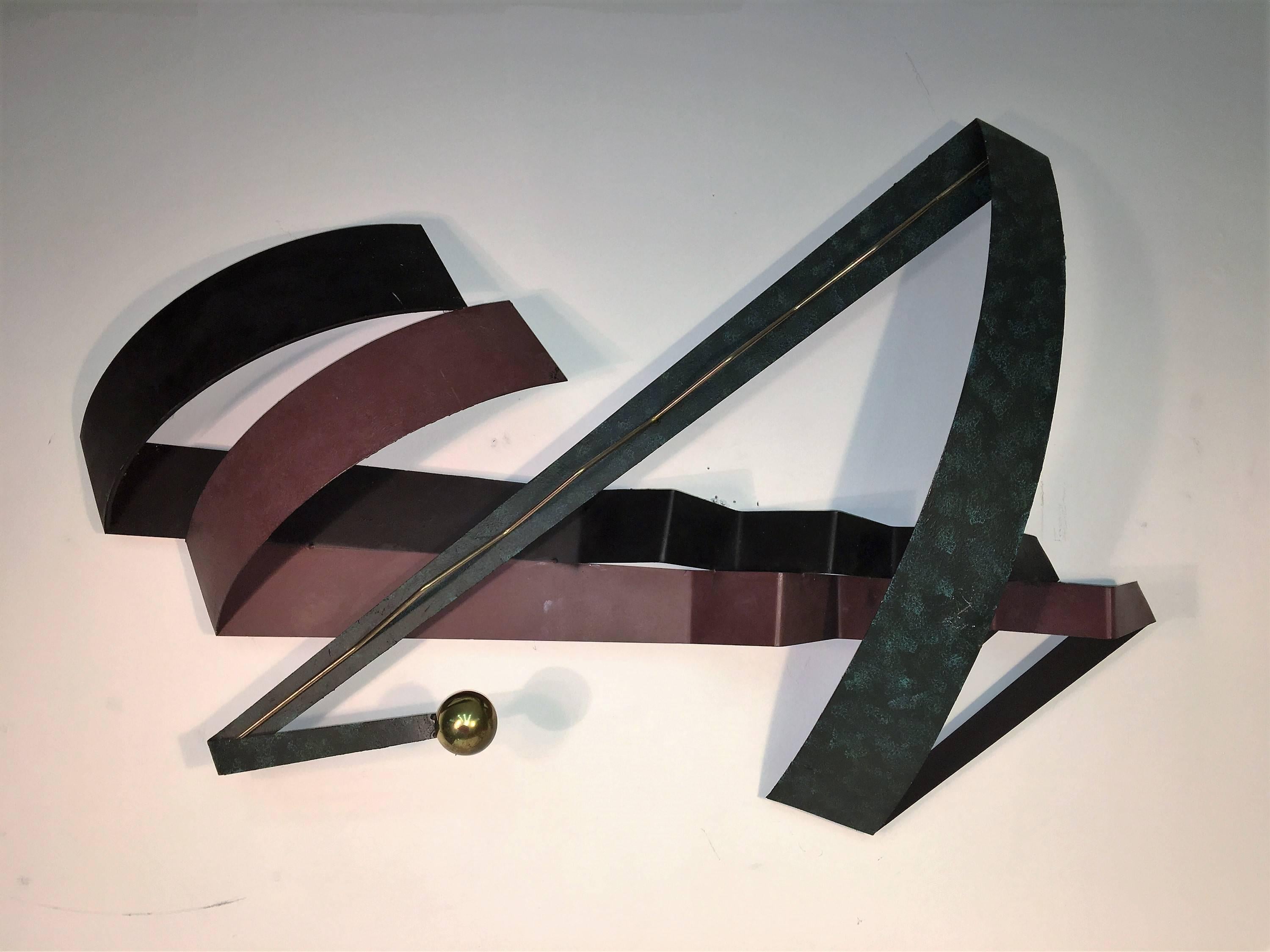 Curtis Jere 1994 modern abstract wall sculpture of mixed enamel metals and brass in colors of matte eggplant and textured grey and black.