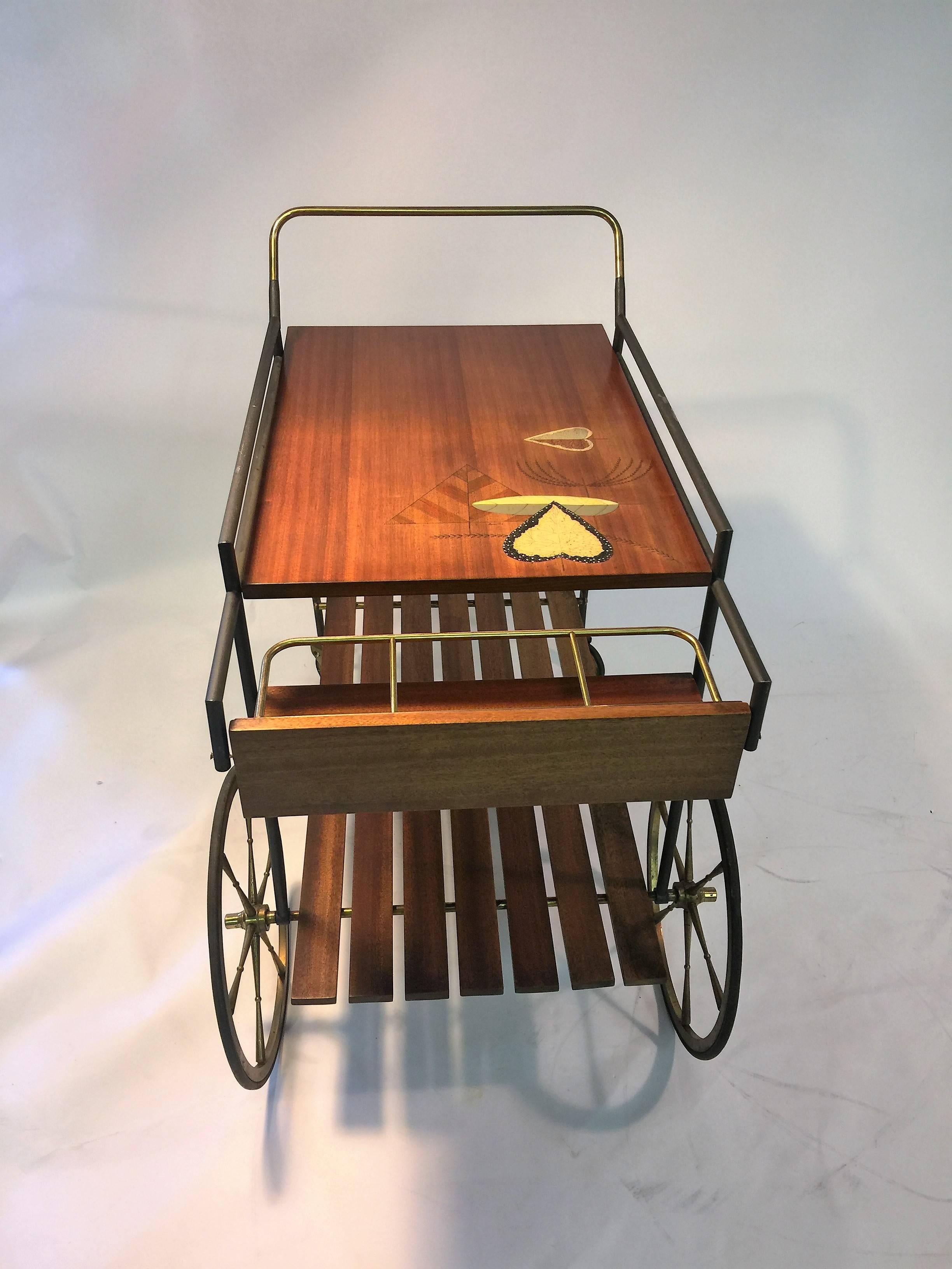 Mid-Century Modern Fantastic Signed Fornasetti Style Italian Mid-Century Wood and Brass Bar Cart For Sale