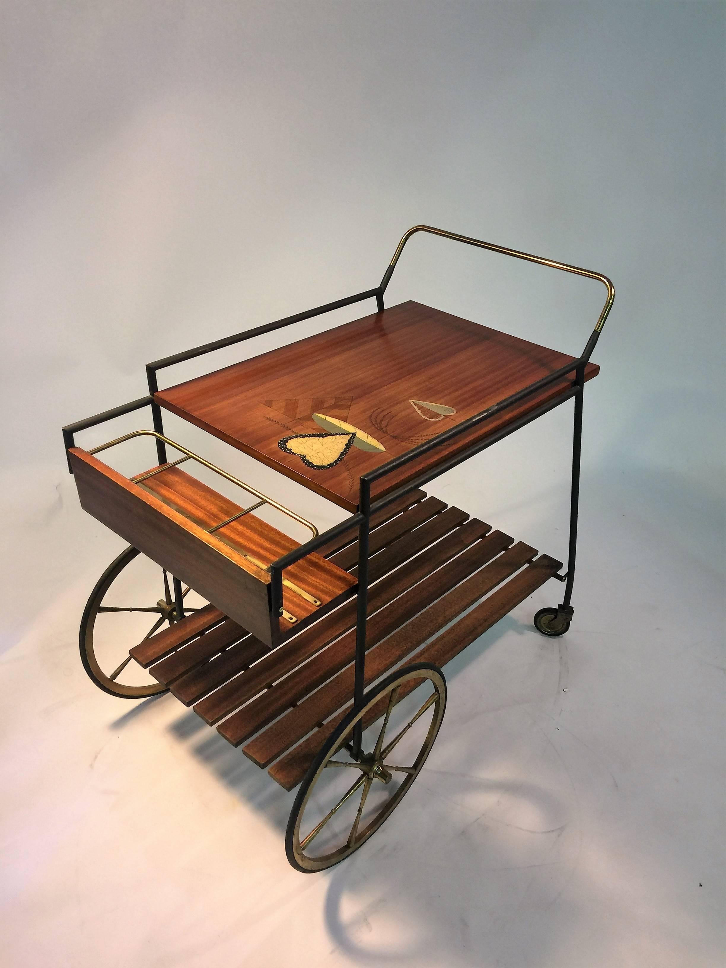 Fantastic Signed Fornasetti Style Italian Mid-Century Wood and Brass Bar Cart In Excellent Condition For Sale In Mount Penn, PA