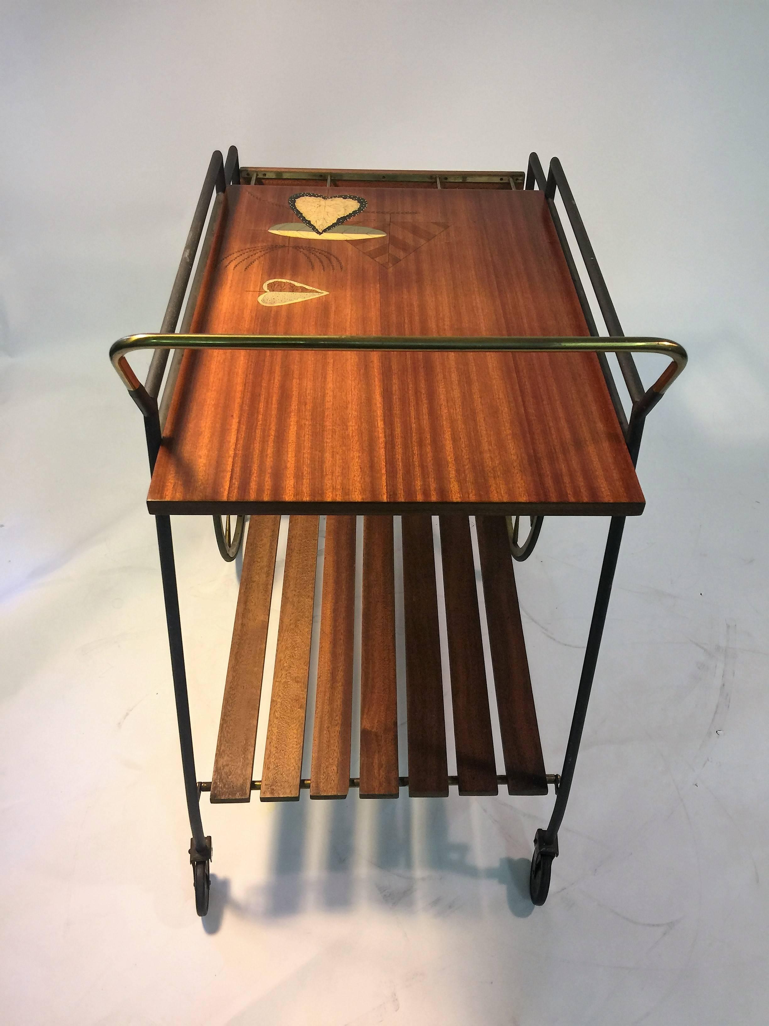 Mid-20th Century Fantastic Signed Fornasetti Style Italian Mid-Century Wood and Brass Bar Cart For Sale