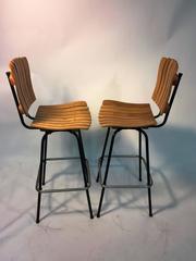Great Paul McCobb Style Mid-Century Suite of Four Slatted Wood Bar Stools