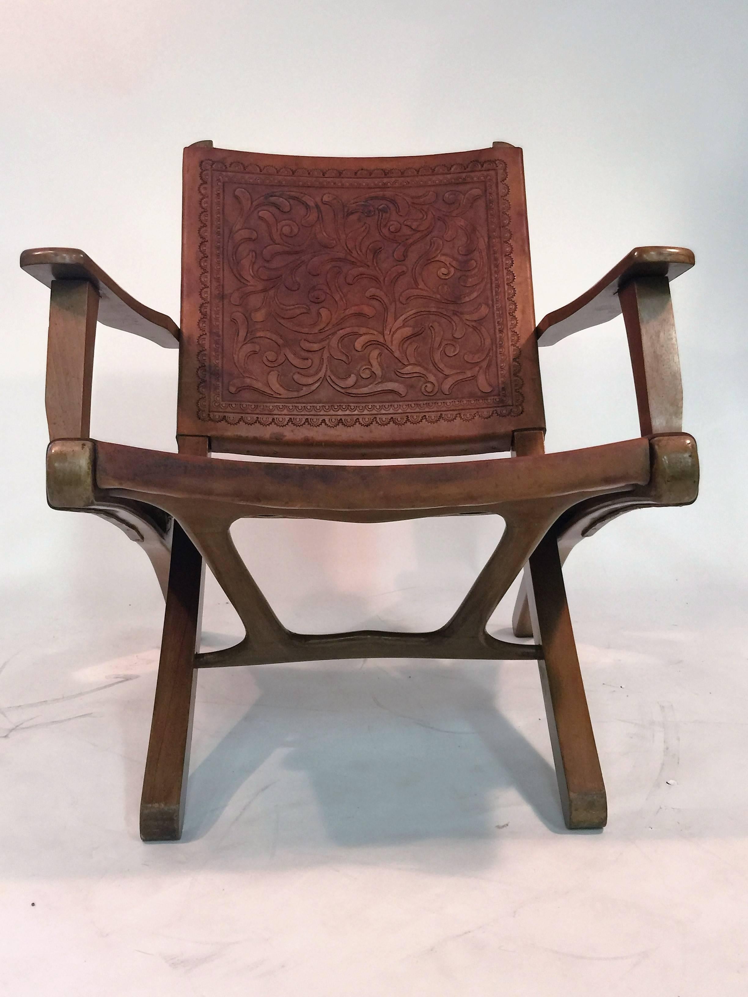 Great Pair of Hans Wegner Style Saddle Tooled Leather Folding Chairs and Ottoman In Good Condition For Sale In Mount Penn, PA